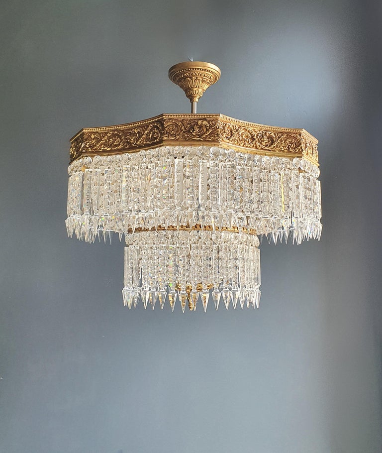 Low Flat Plafonnier Crystal Chandelier Brass Antique Gold For Sale 3