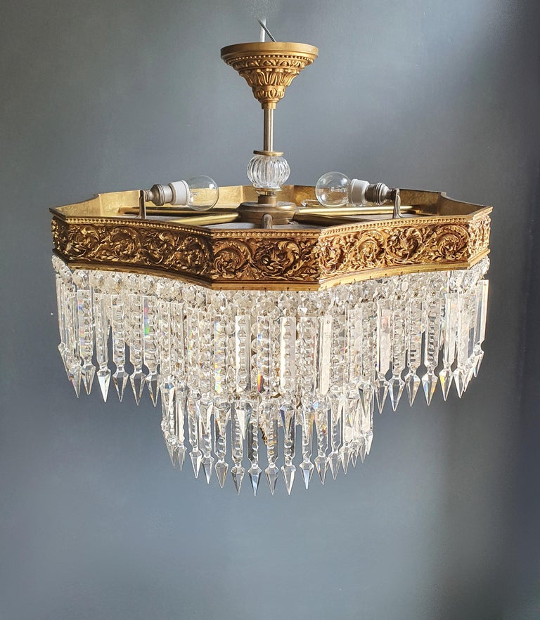 Low Flat Plafonnier Crystal Chandelier Brass Antique Gold For Sale 4