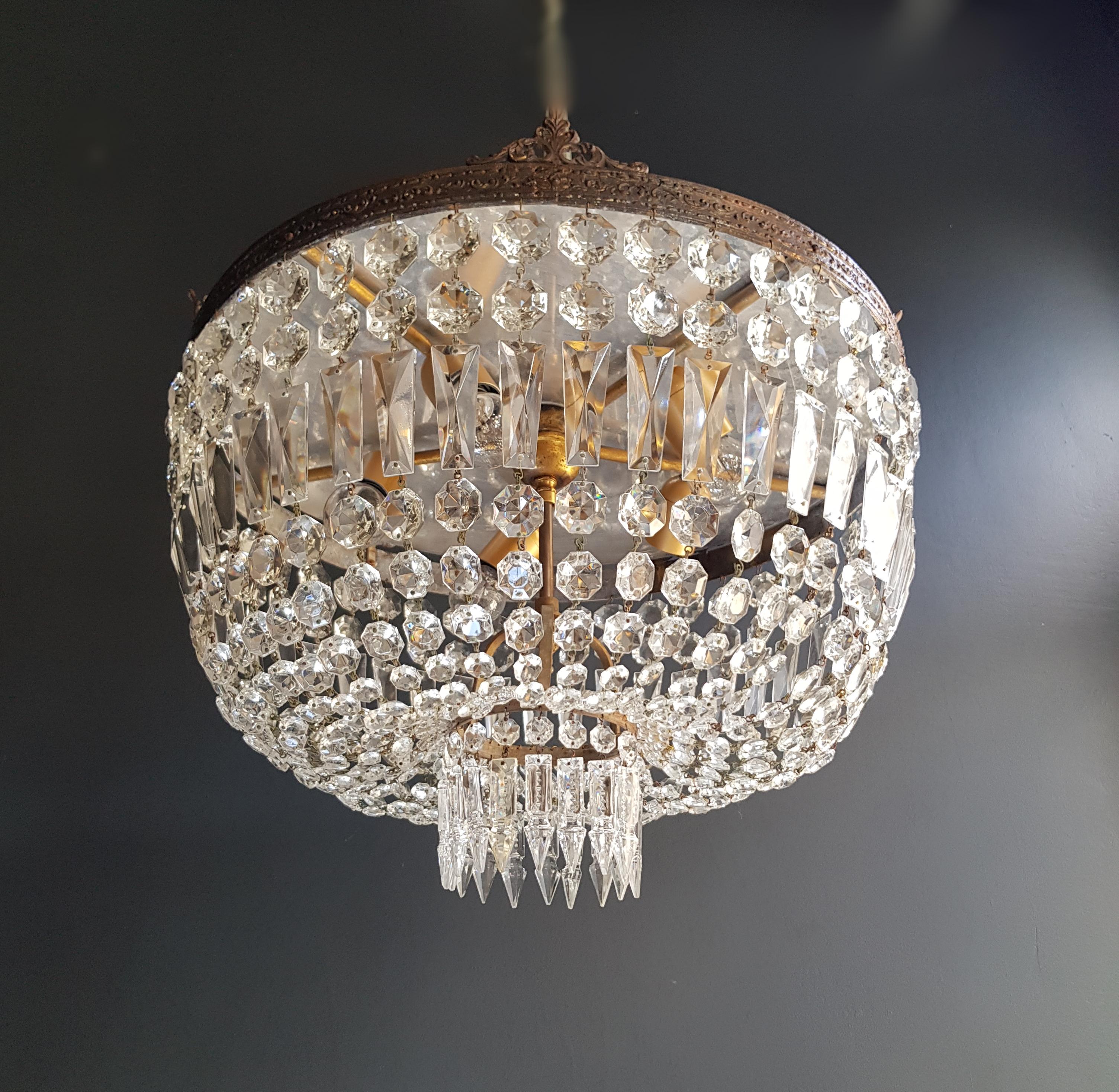 Low Plafonnier Crystal Chandelier Brass Lustre Ceiling Antique Art Nouveau (Barock)