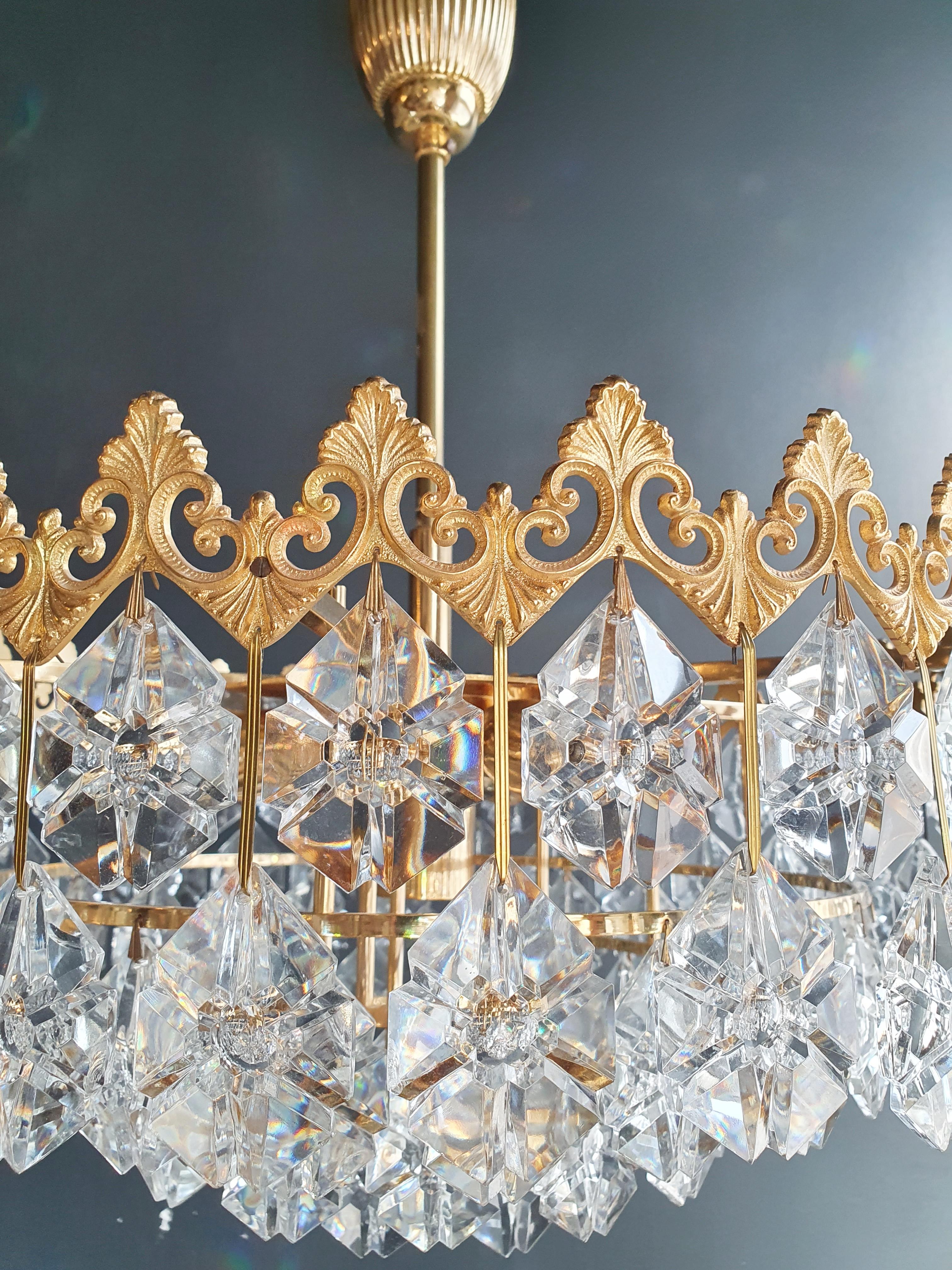 Baroque Low Flat Plafonnier Crystal Chandelier Brass Ceiling Antique Gold Vintage