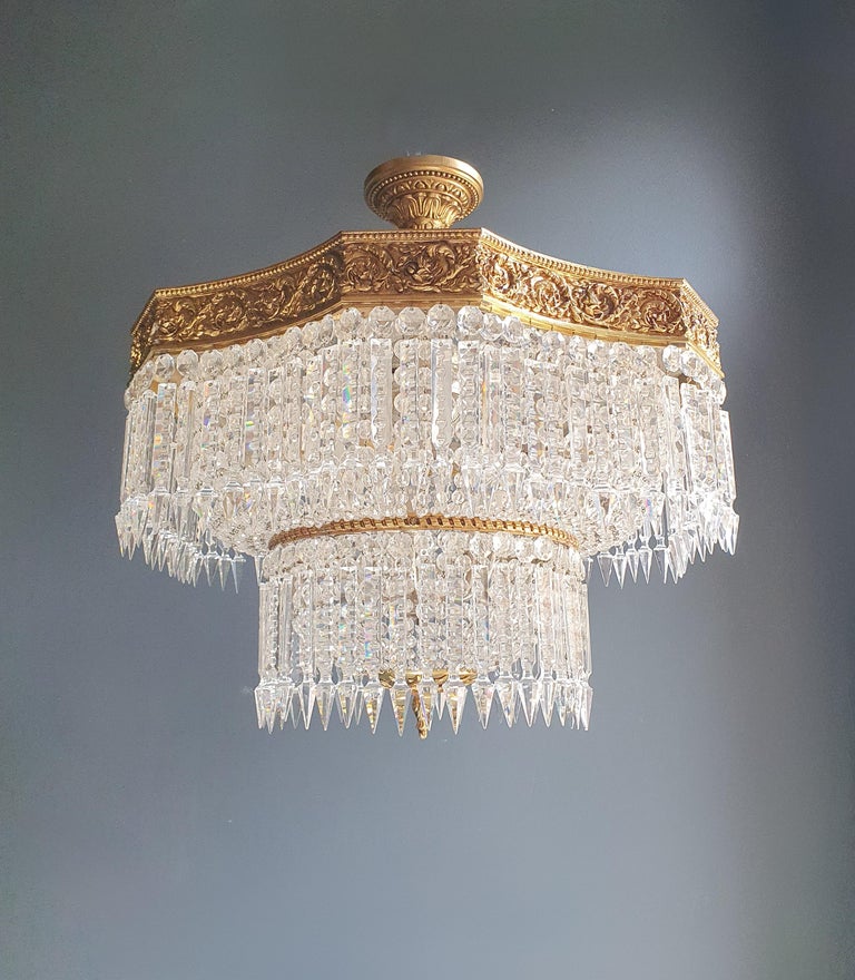 Baroque Low Flat Plafonnier Crystal Chandelier Brass Antique Gold For Sale