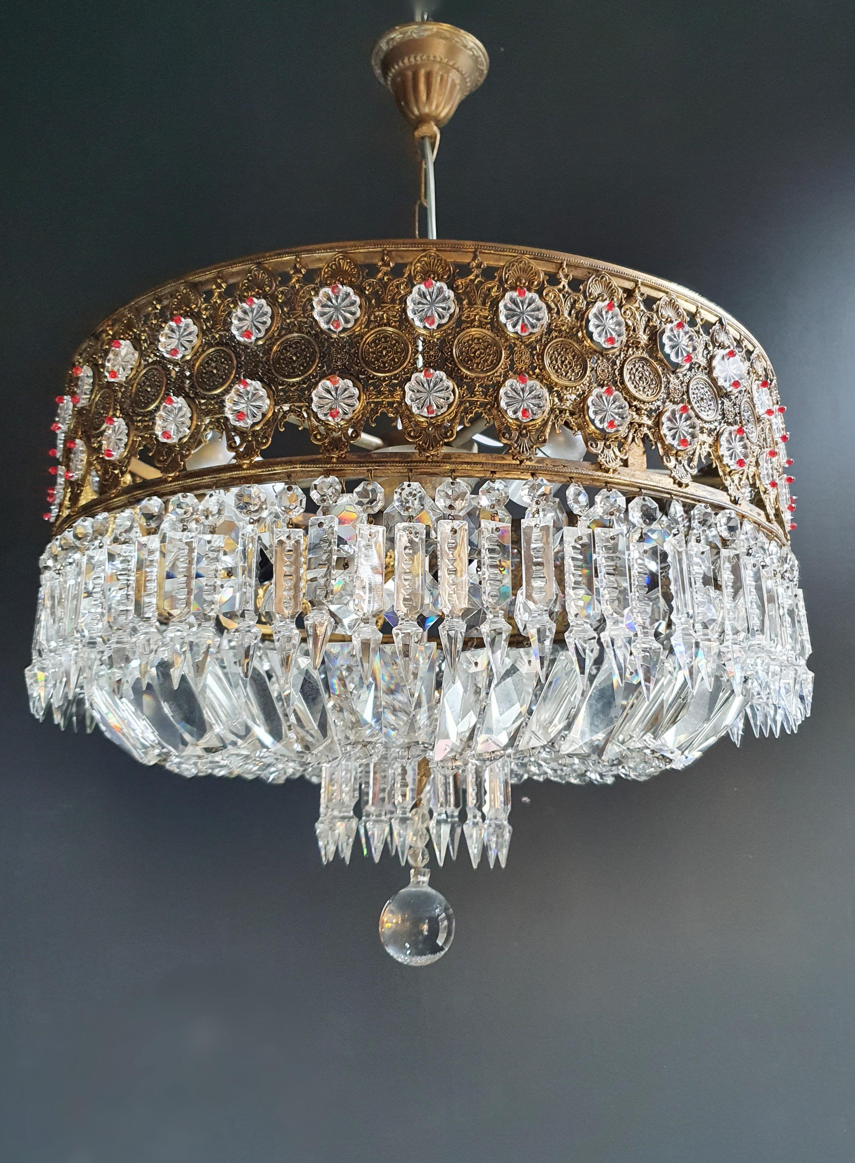 Baroque Low Plafonnier Crystal Chandelier Brass Lustre Ceiling Antique Bronze Red
