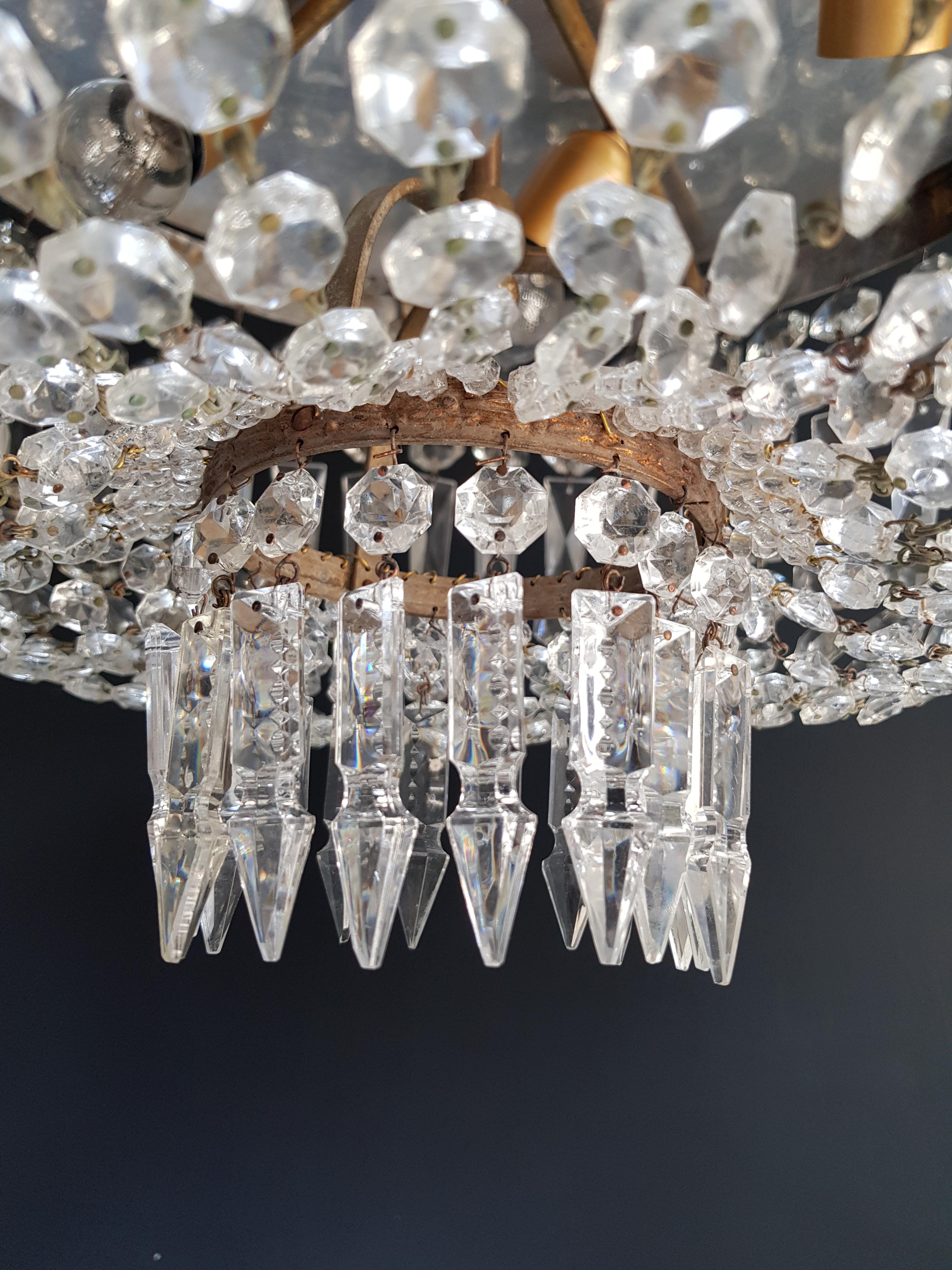 Low Plafonnier Crystal Chandelier Brass Lustre Ceiling Antique Art Nouveau (Europäisch)