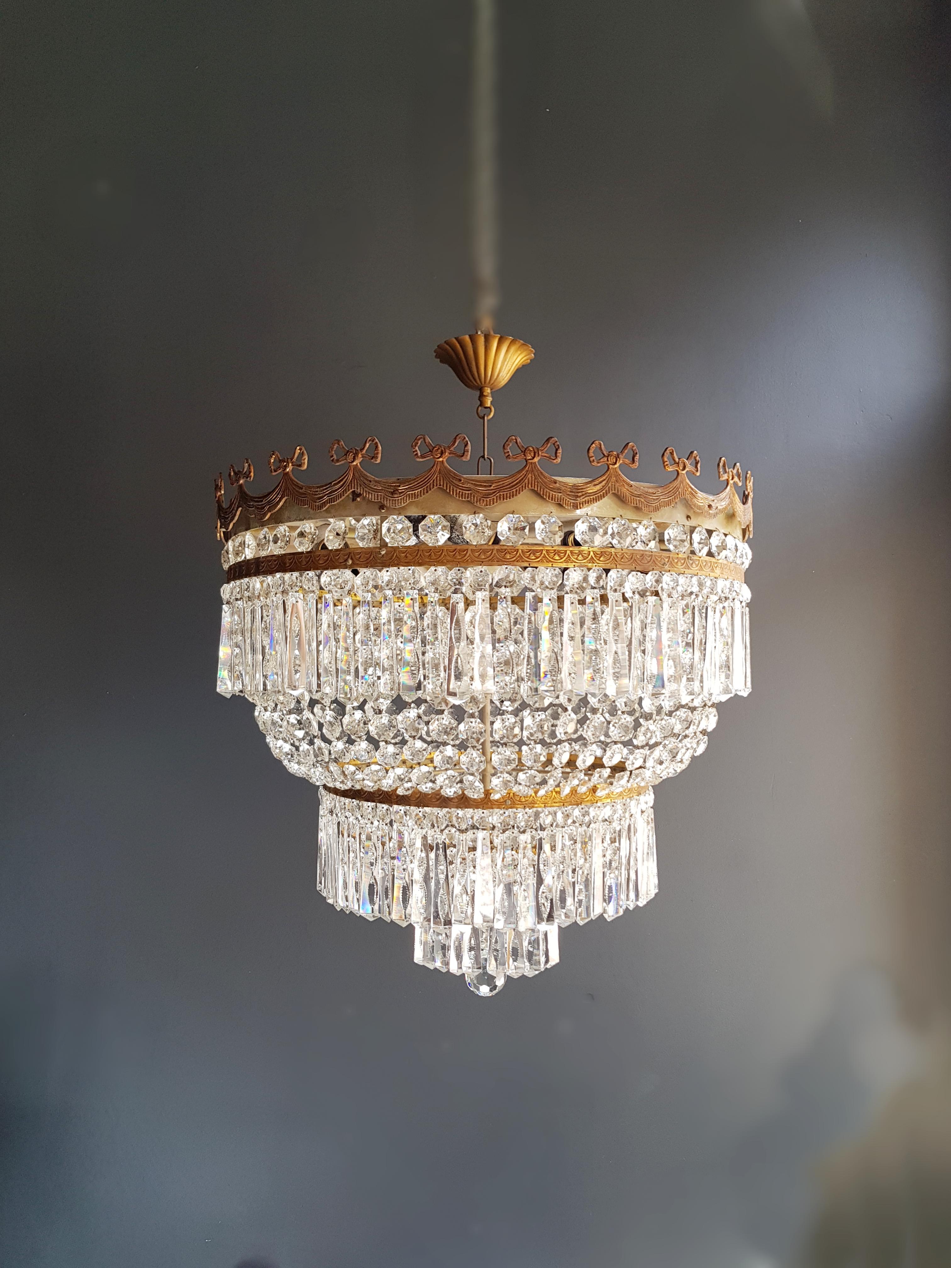 Low Plafonnier Crystal Chandelier Brass Lustre Ceiling Antique Art Nouveau (Europäisch)
