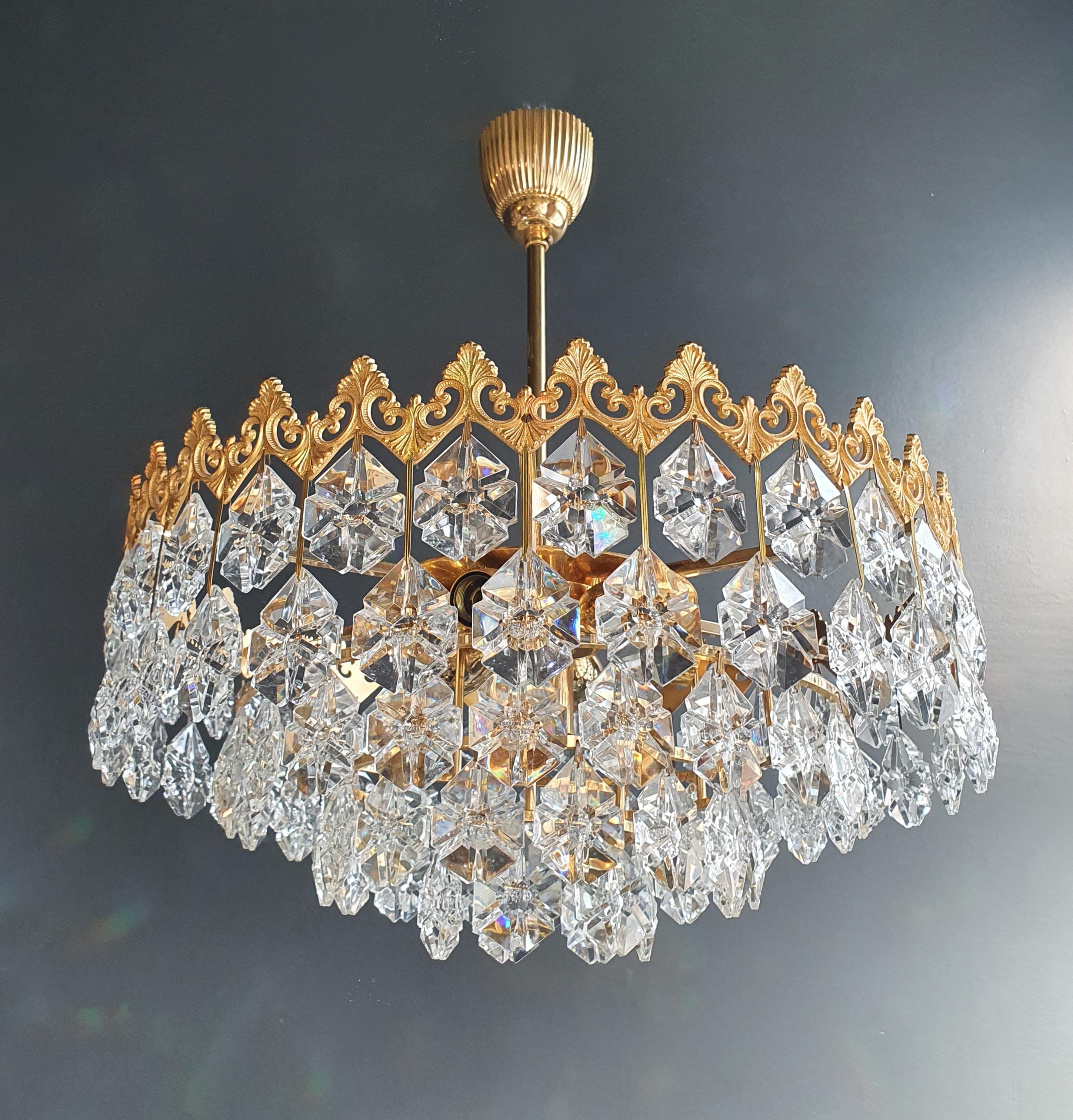 European Low Flat Plafonnier Crystal Chandelier Brass Ceiling Antique Gold Vintage