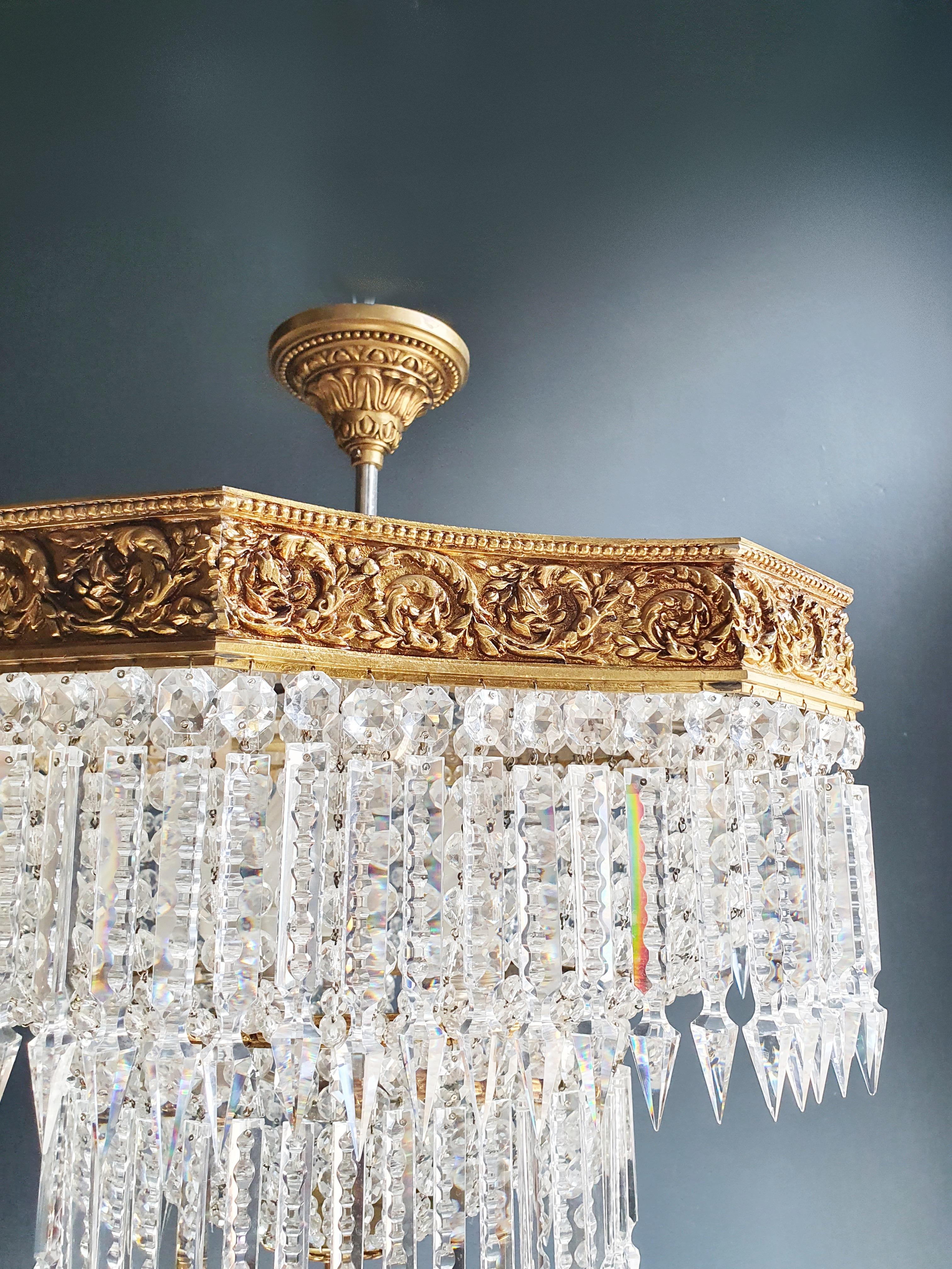 European Low Flat Plafonnier Crystal Chandelier Brass Antique Gold