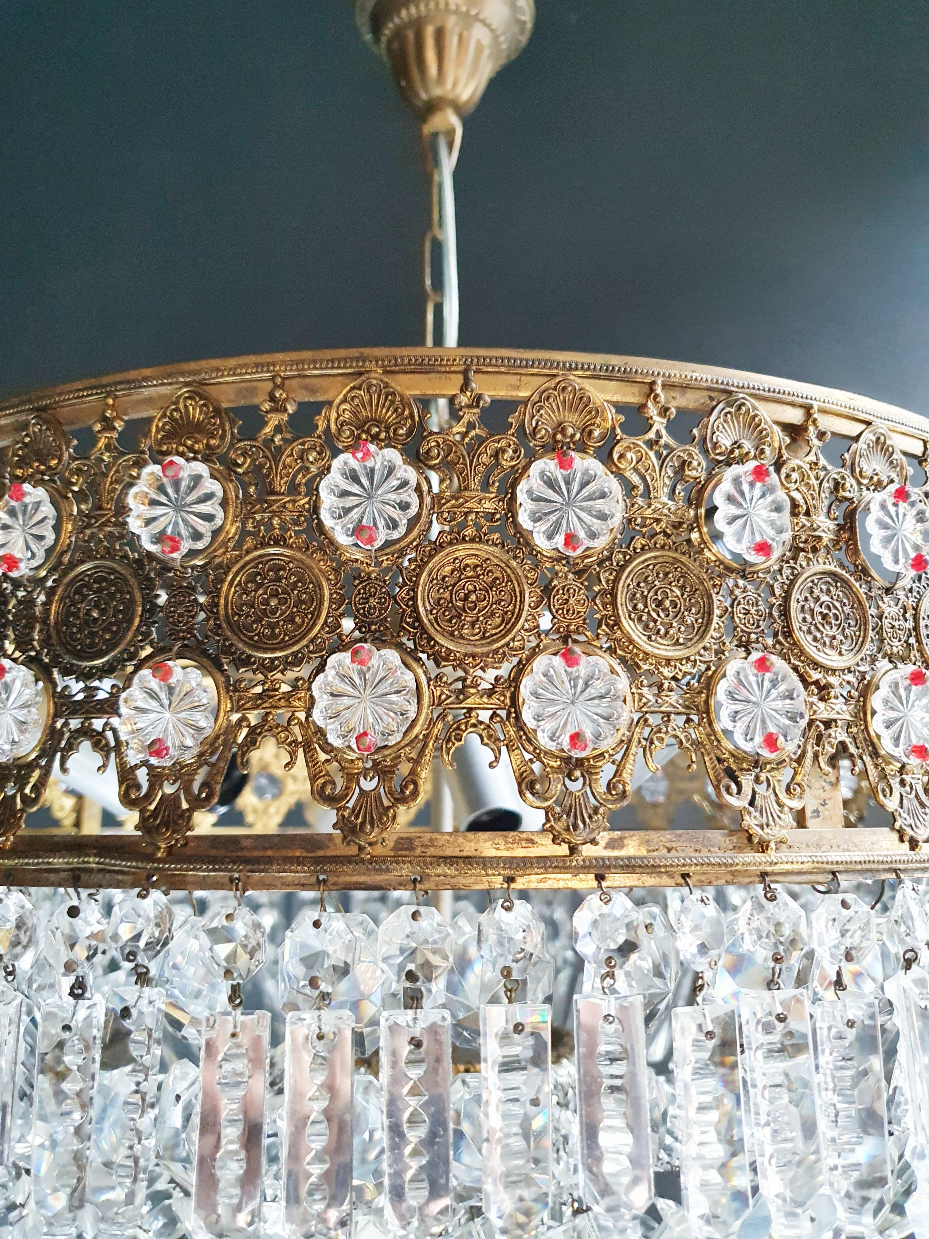 European Low Plafonnier Crystal Chandelier Brass Lustre Ceiling Antique Bronze Red