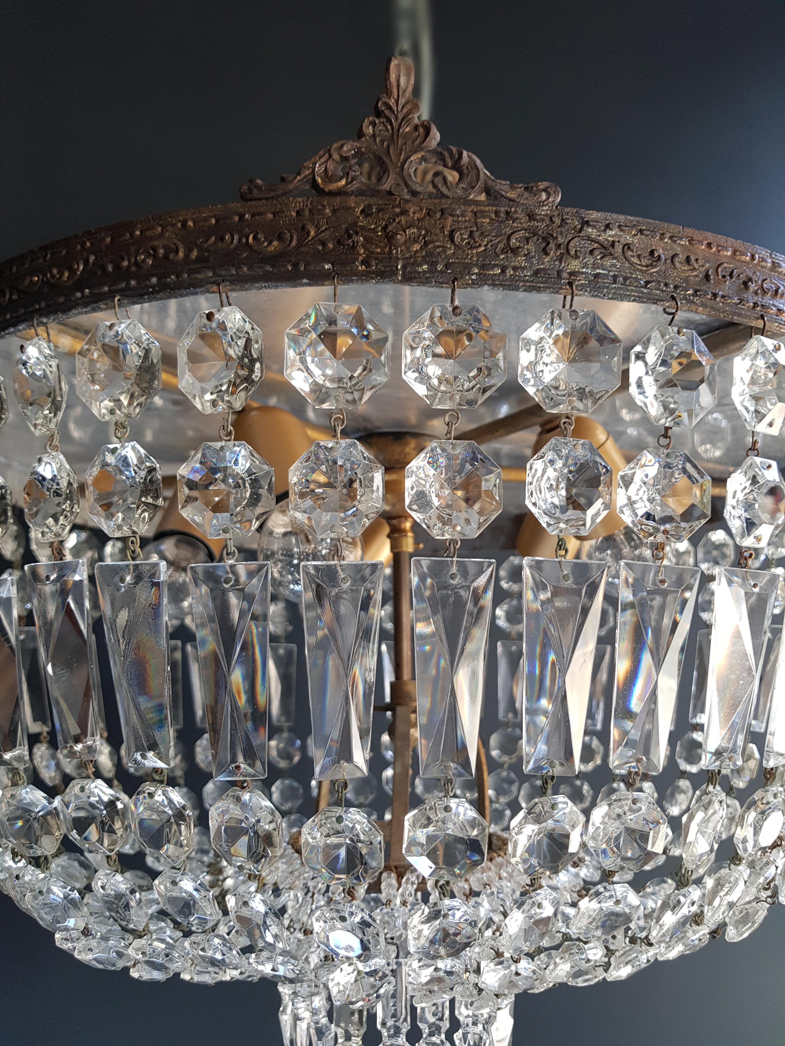 Hand-Knotted Low Plafonnier Crystal Chandelier Brass Lustre Ceiling Antique Art Nouveau