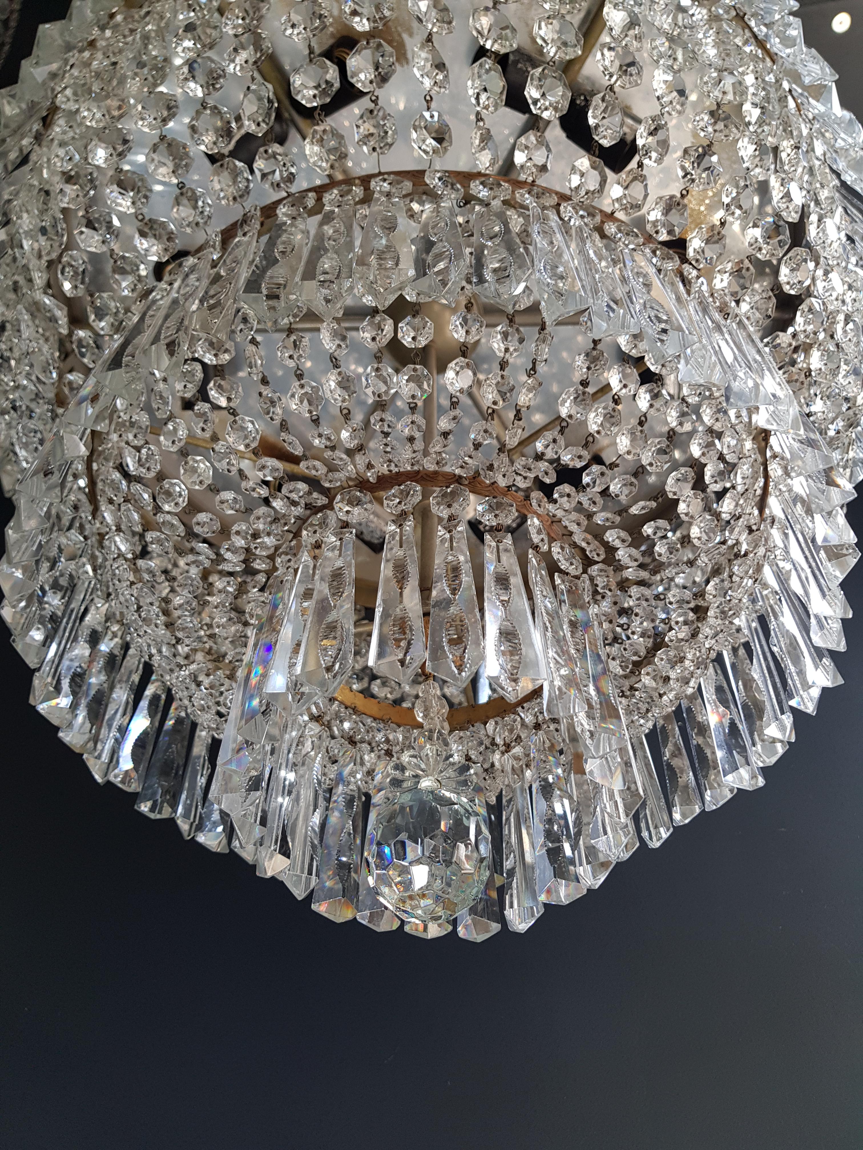 Low Plafonnier Crystal Chandelier Brass Lustre Ceiling Antique Art Nouveau (Handgeknüpft)