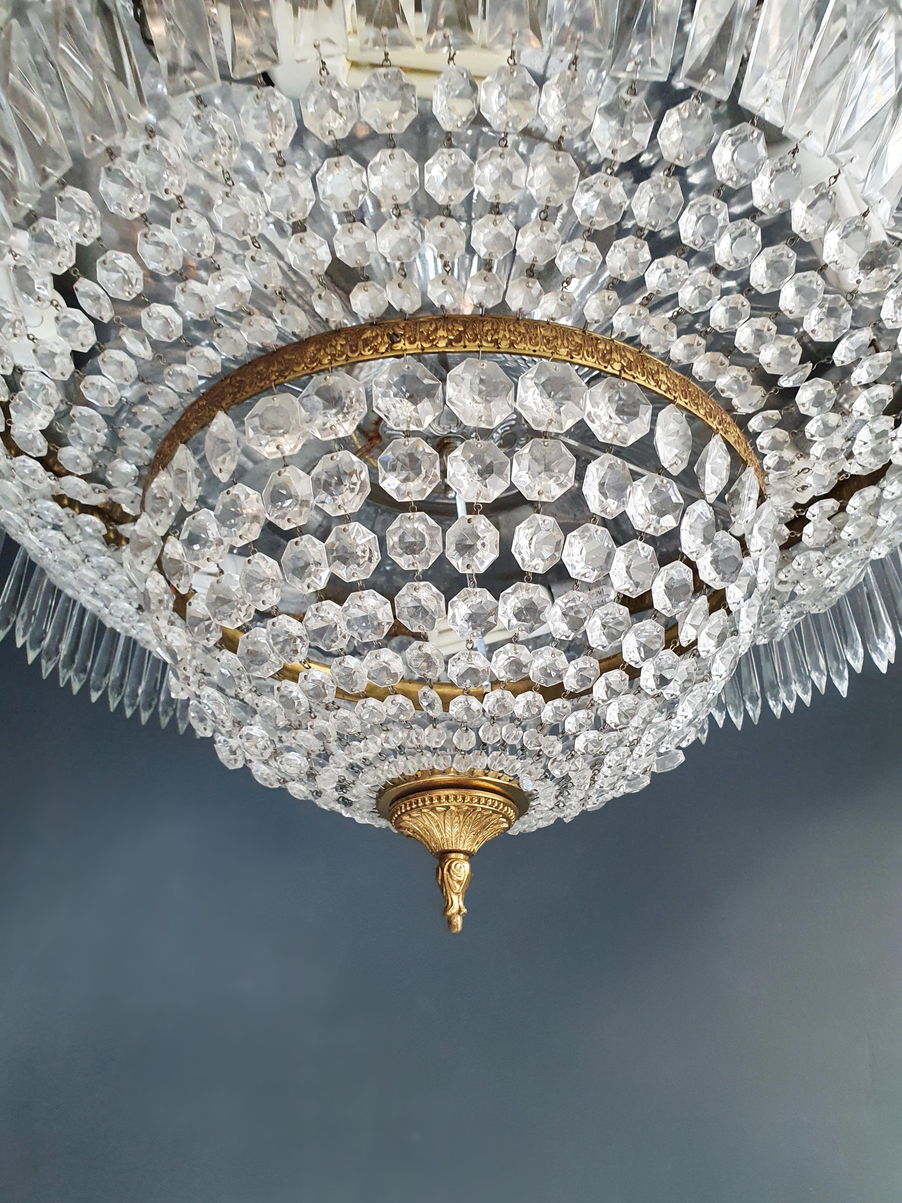 Empire Low Plafonnier Crystal Chandelier Brass Lustre Ceiling Antique Art Nouveau
