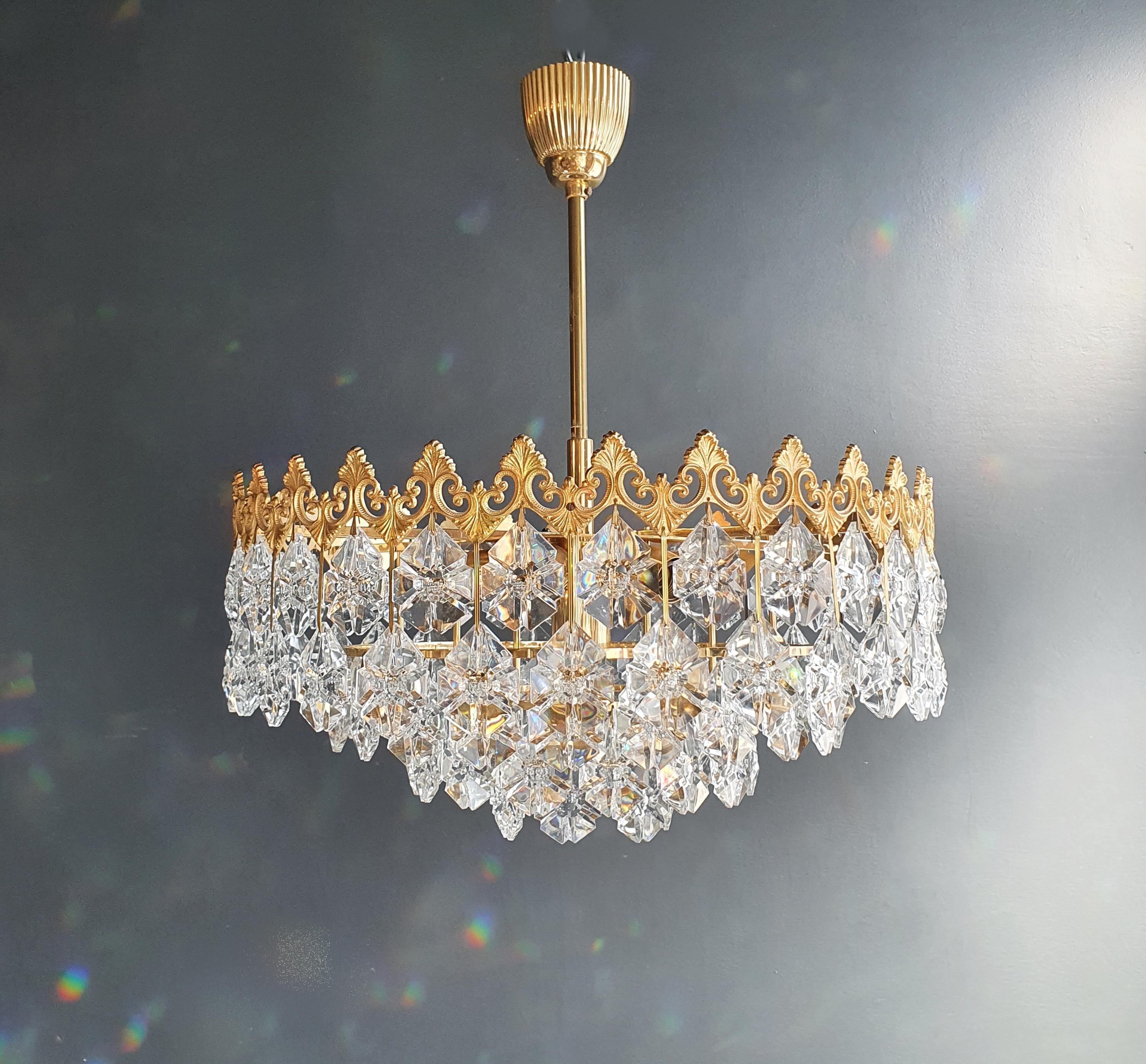 Hand-Knotted Low Flat Plafonnier Crystal Chandelier Brass Ceiling Antique Gold Vintage