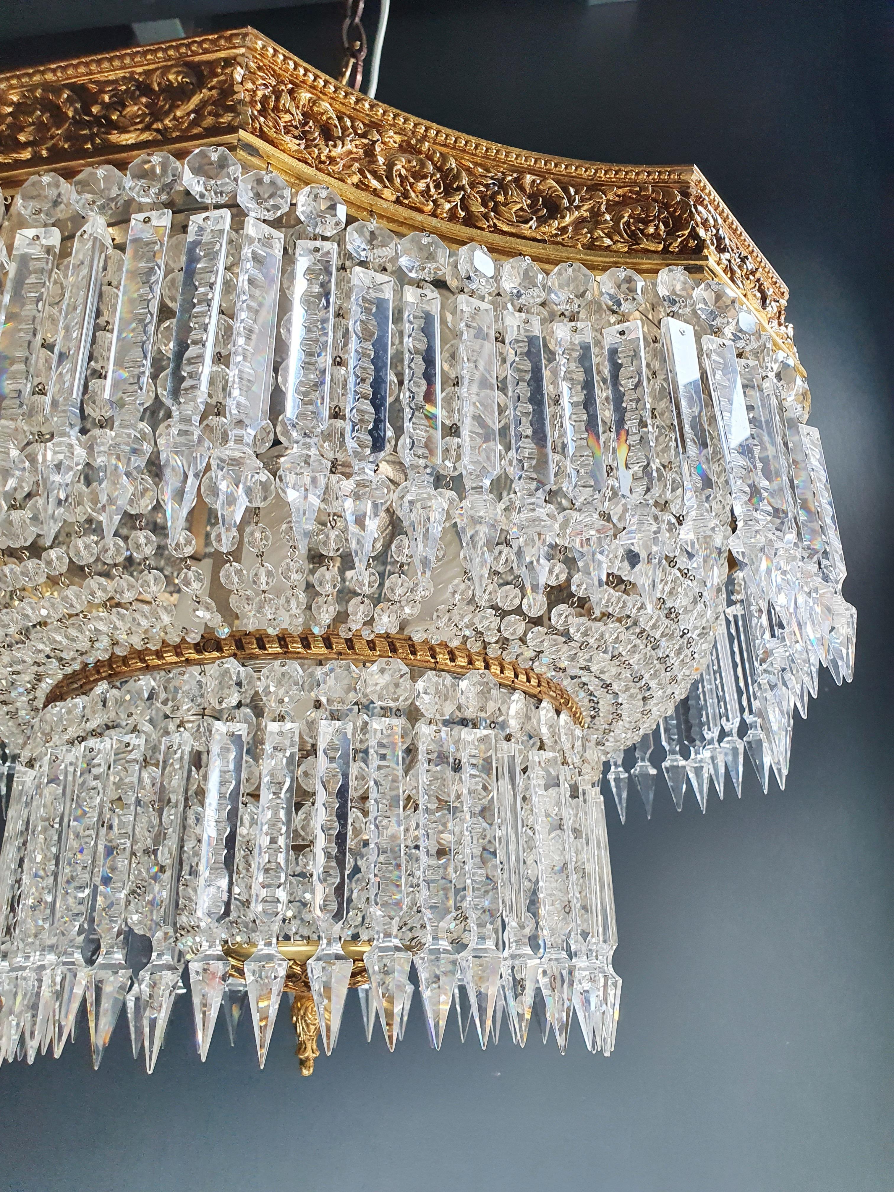 Hand-Knotted Low Flat Plafonnier Crystal Chandelier Brass Antique Gold