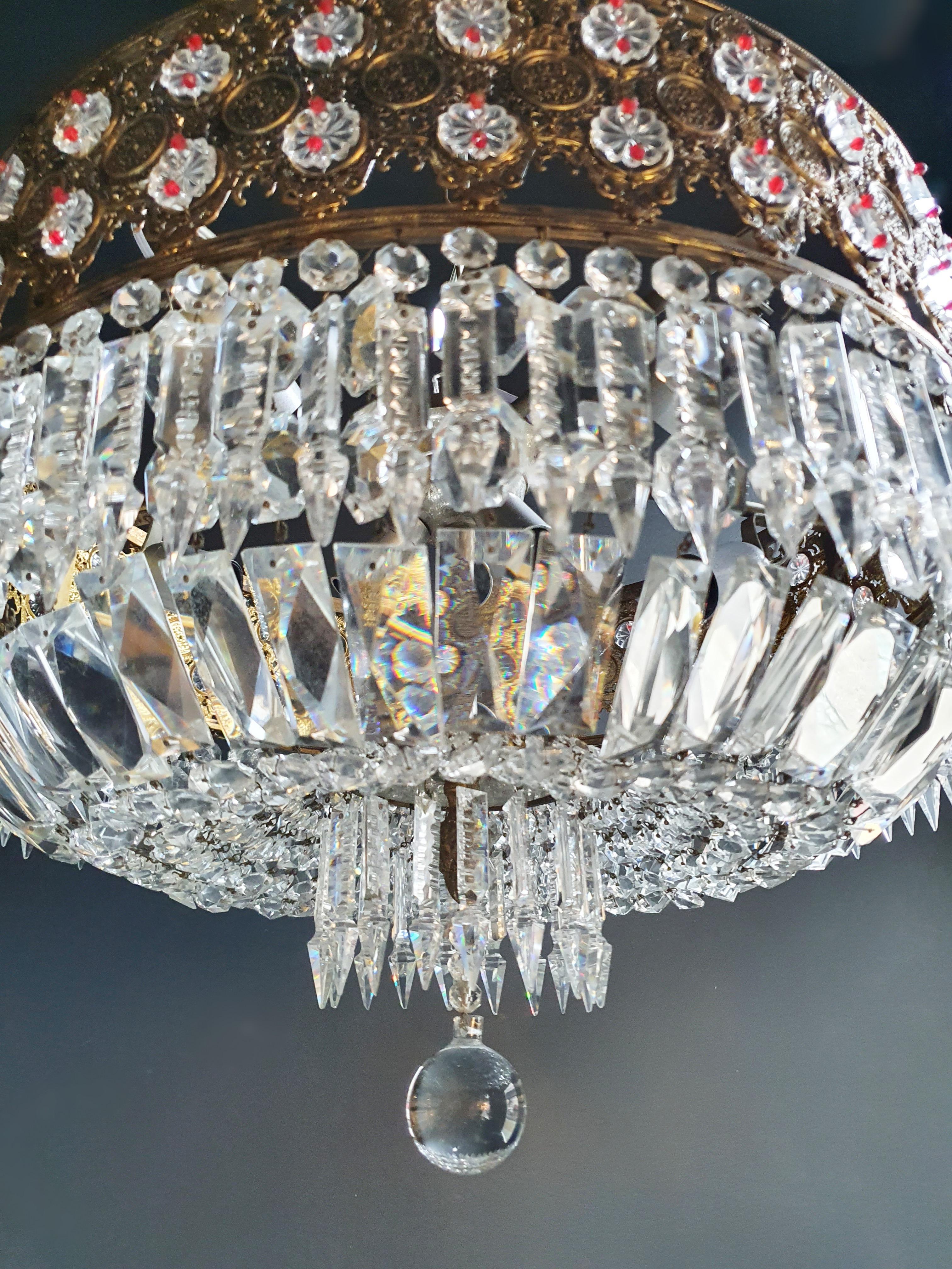 Hand-Knotted Low Plafonnier Crystal Chandelier Brass Lustre Ceiling Antique Bronze Red