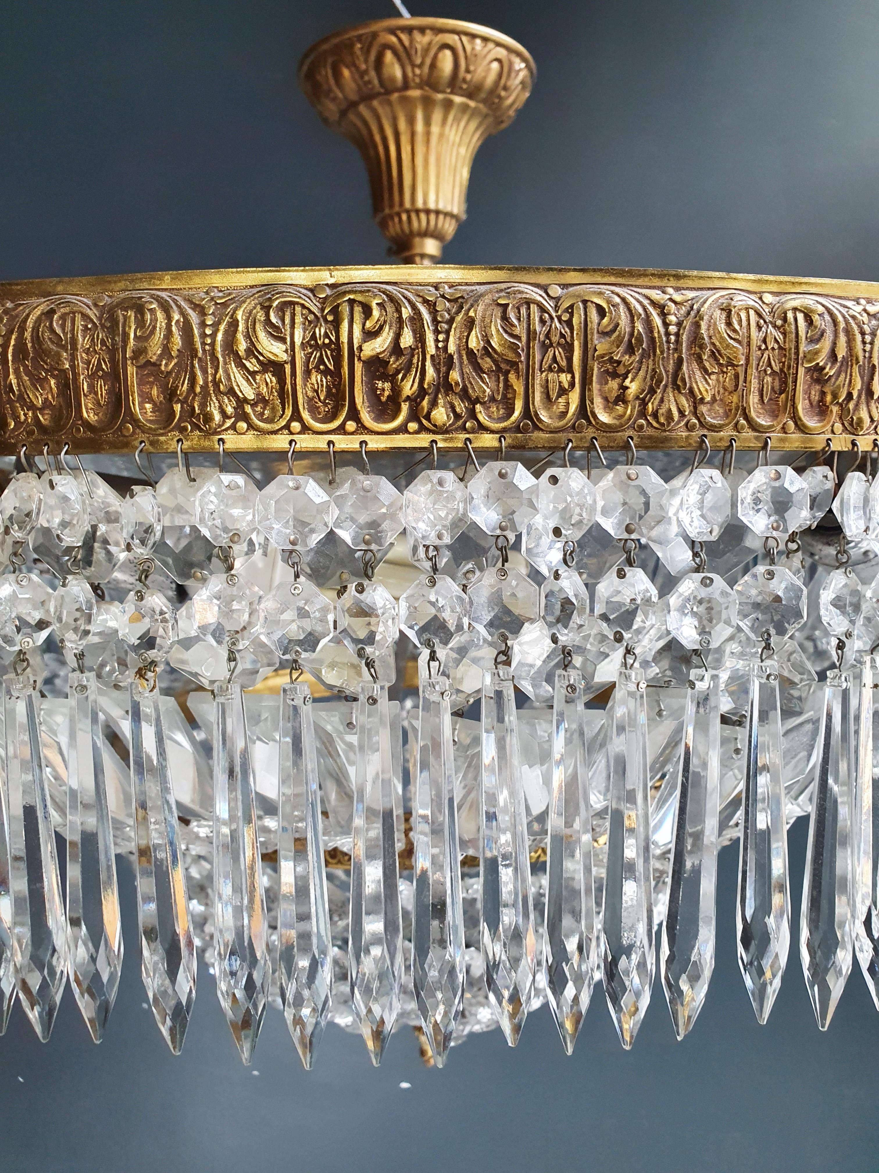 European Low Plafonnier Crystal Chandelier Brass Lustre Ceiling Antique Art Nouveau