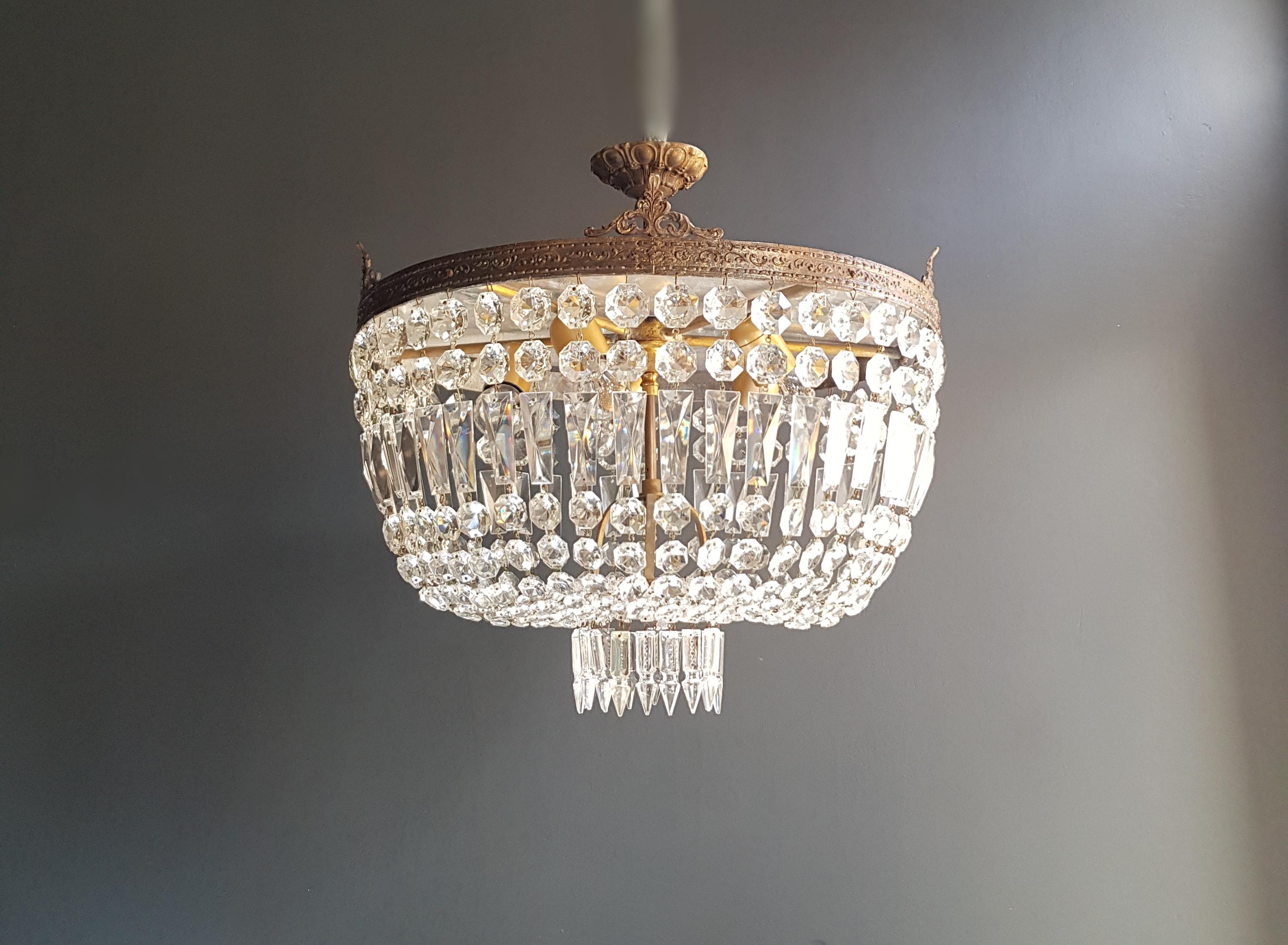 Mid-20th Century Low Plafonnier Crystal Chandelier Brass Lustre Ceiling Antique Art Nouveau
