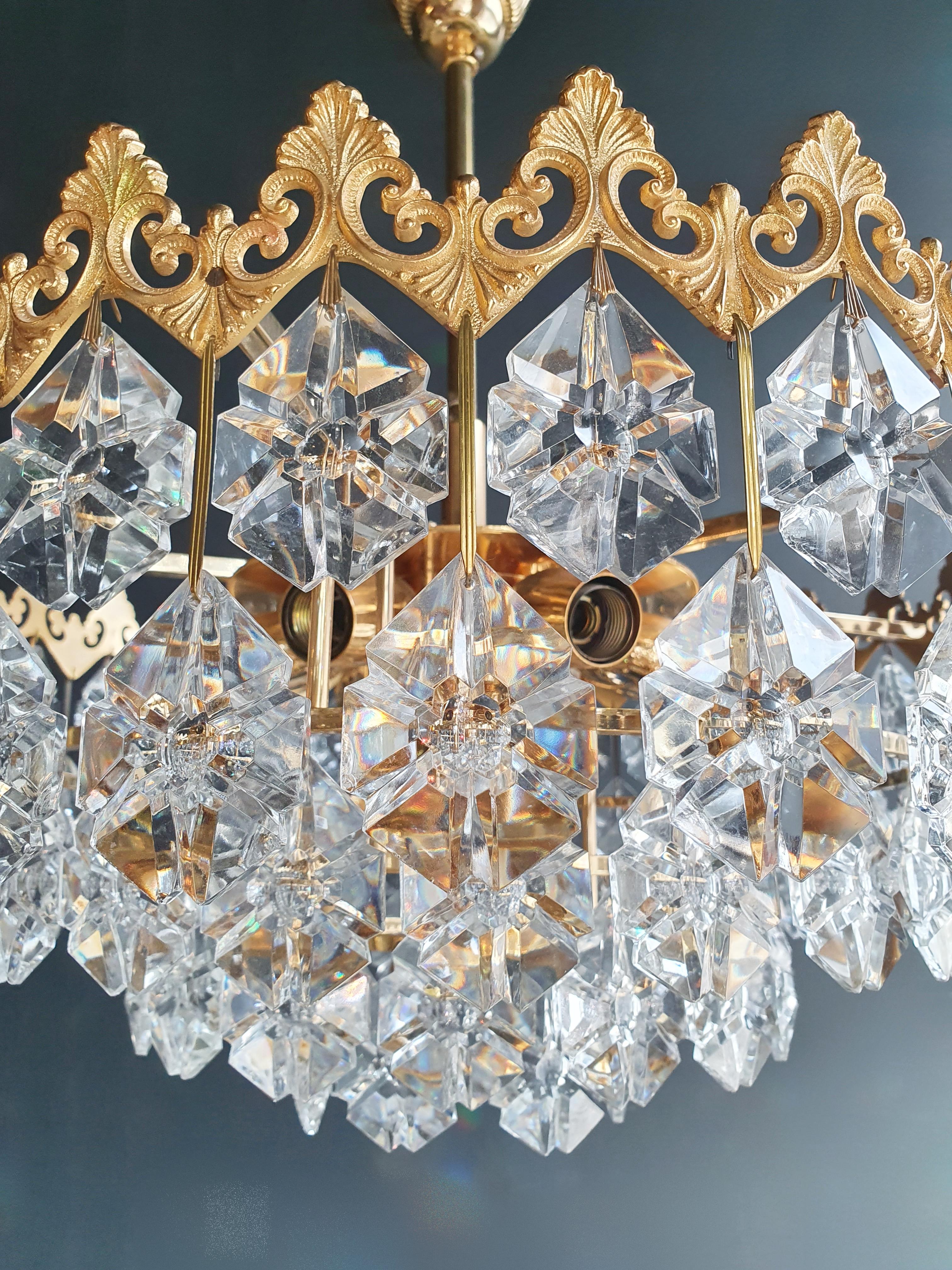 Mid-20th Century Low Flat Plafonnier Crystal Chandelier Brass Ceiling Antique Gold Vintage