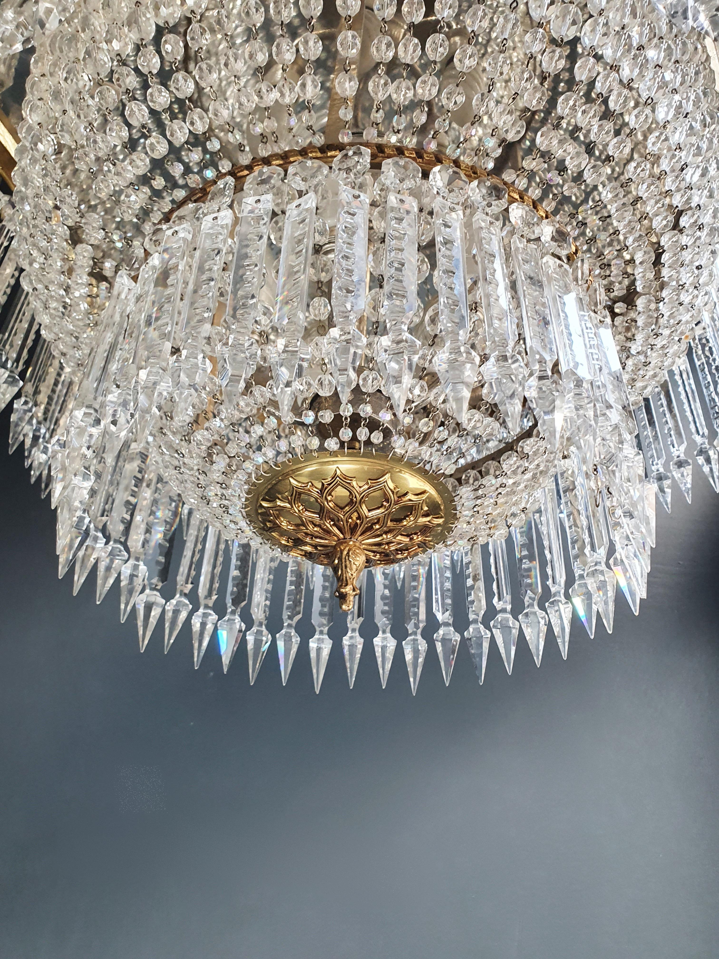 19th Century Low Flat Plafonnier Crystal Chandelier Brass Antique Gold