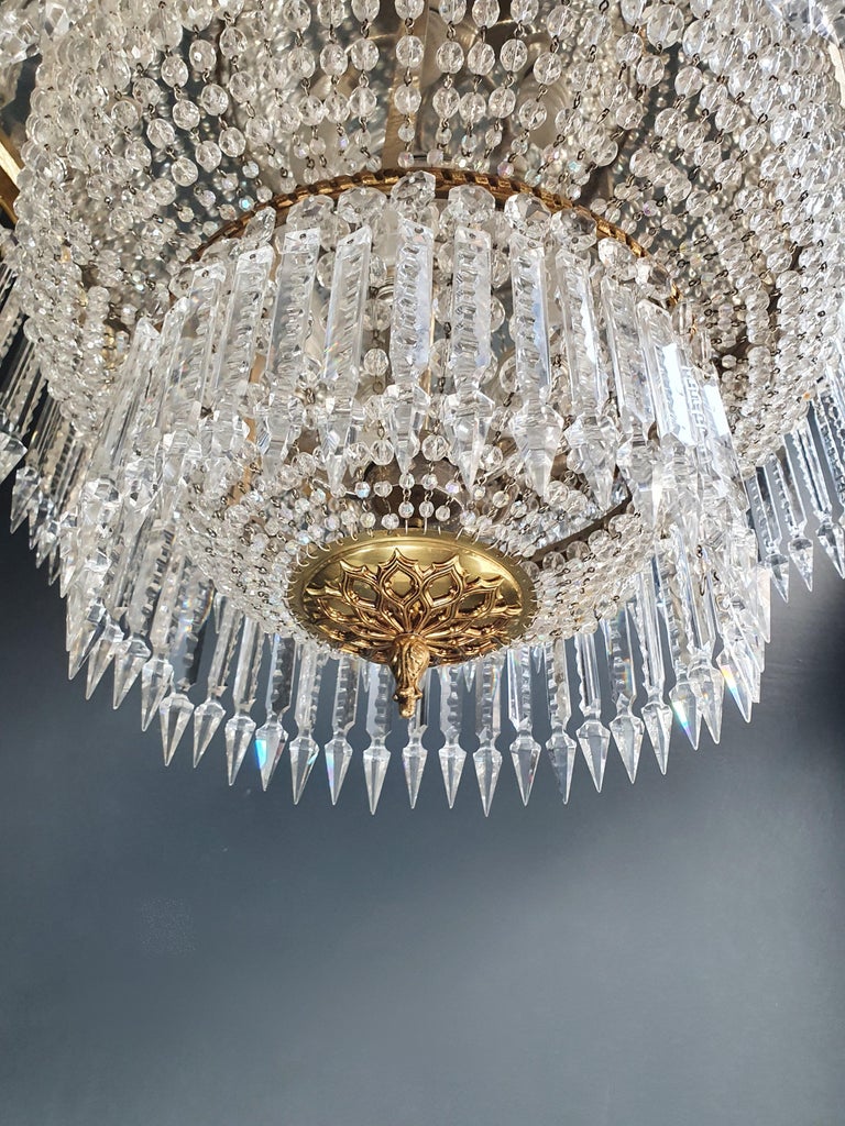 Mid-20th Century Low Flat Plafonnier Crystal Chandelier Brass Antique Gold For Sale