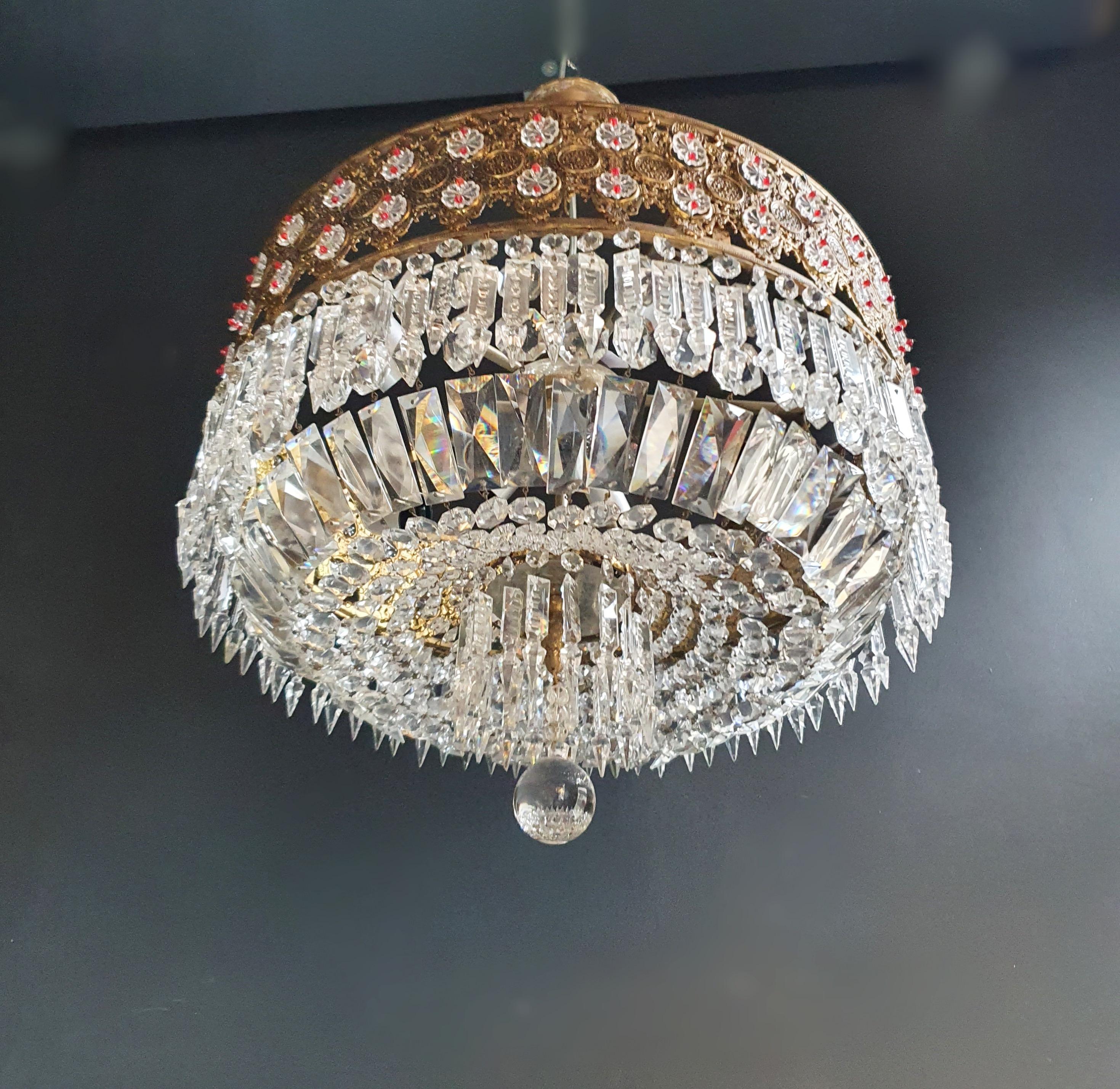 Mid-20th Century Low Plafonnier Crystal Chandelier Brass Lustre Ceiling Antique Bronze Red