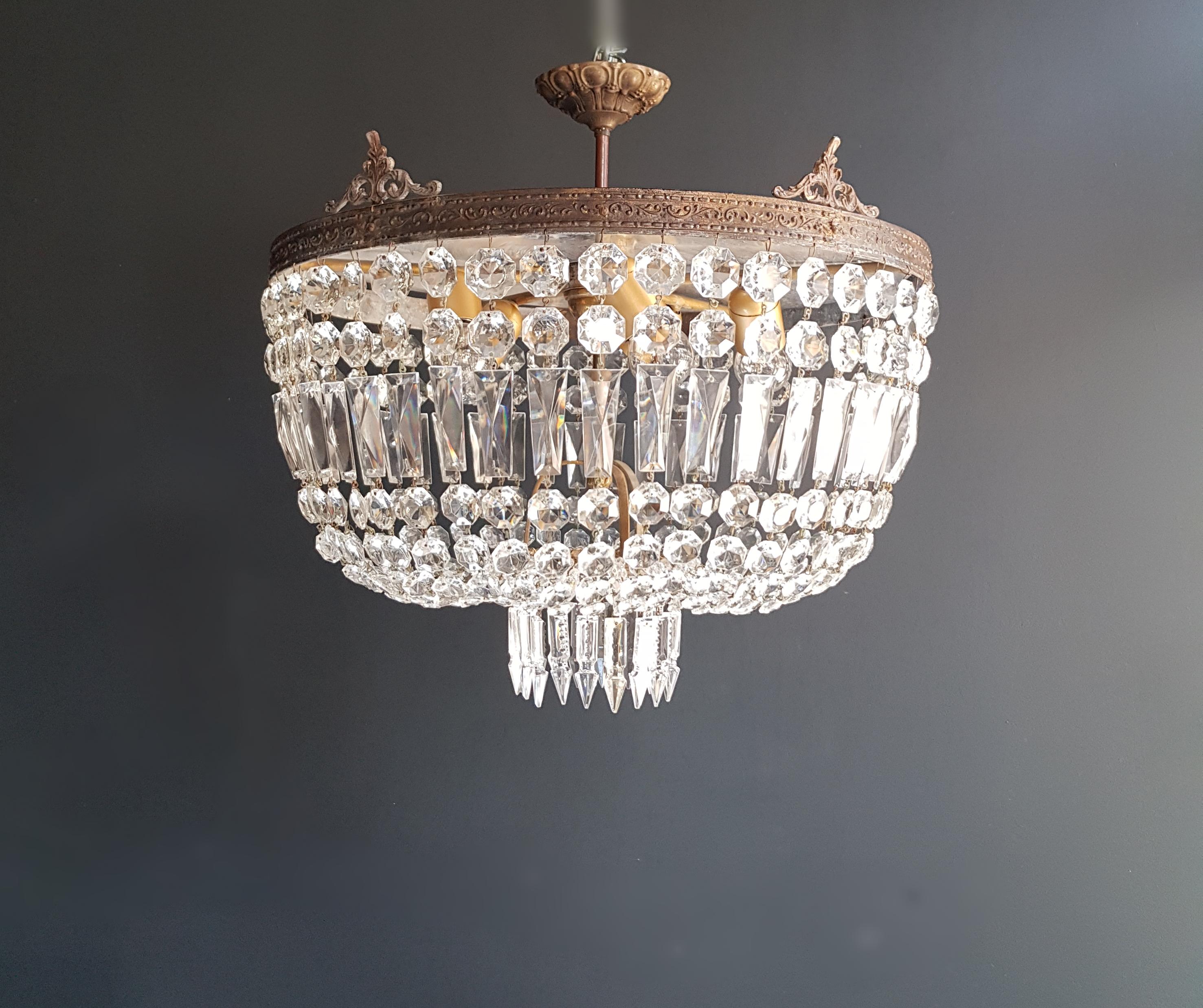 Low Plafonnier Crystal Chandelier Brass Lustre Ceiling Antique Art Nouveau (Messing)