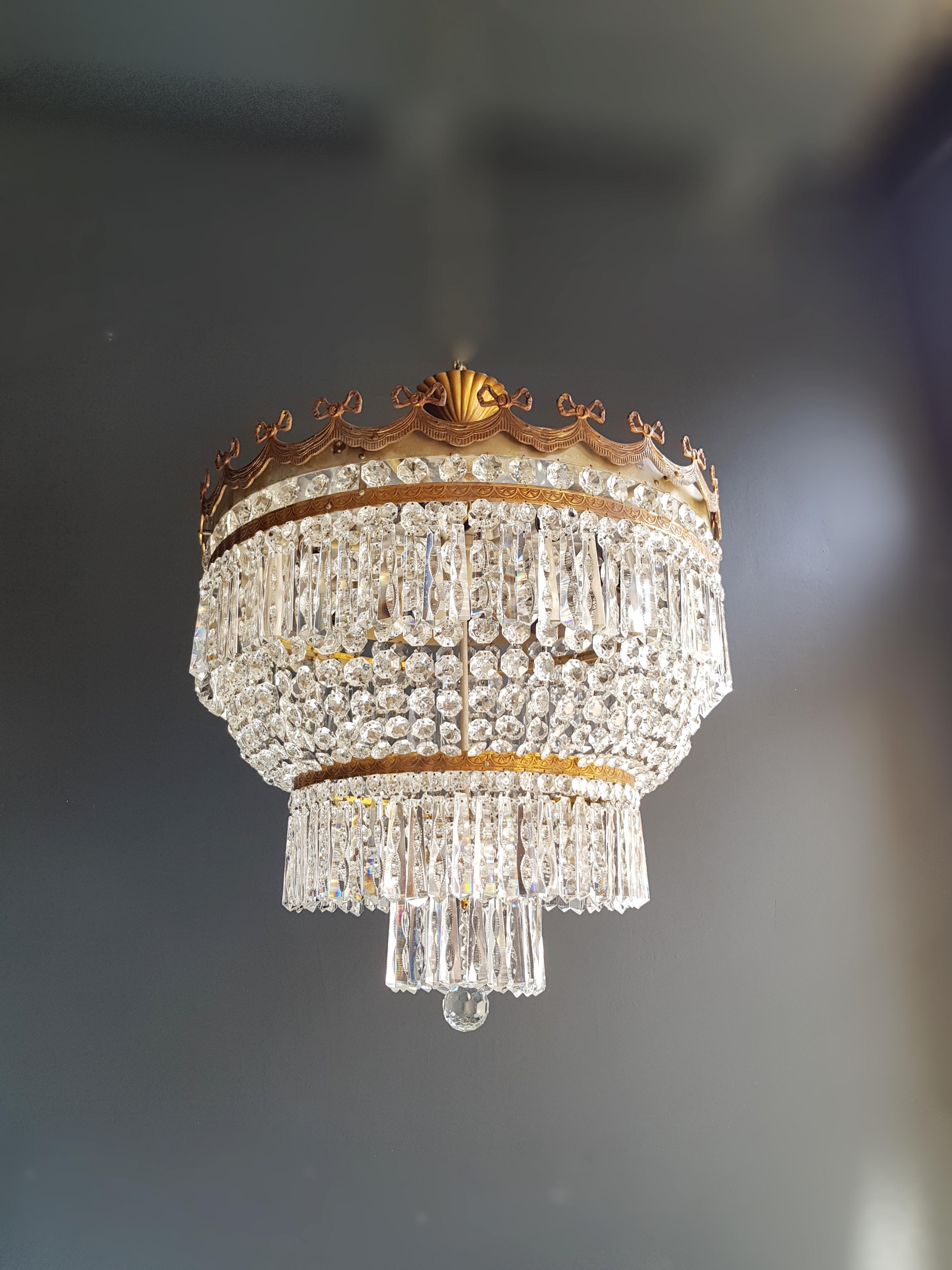 Low Plafonnier Crystal Chandelier Brass Lustre Ceiling Antique Art Nouveau 1