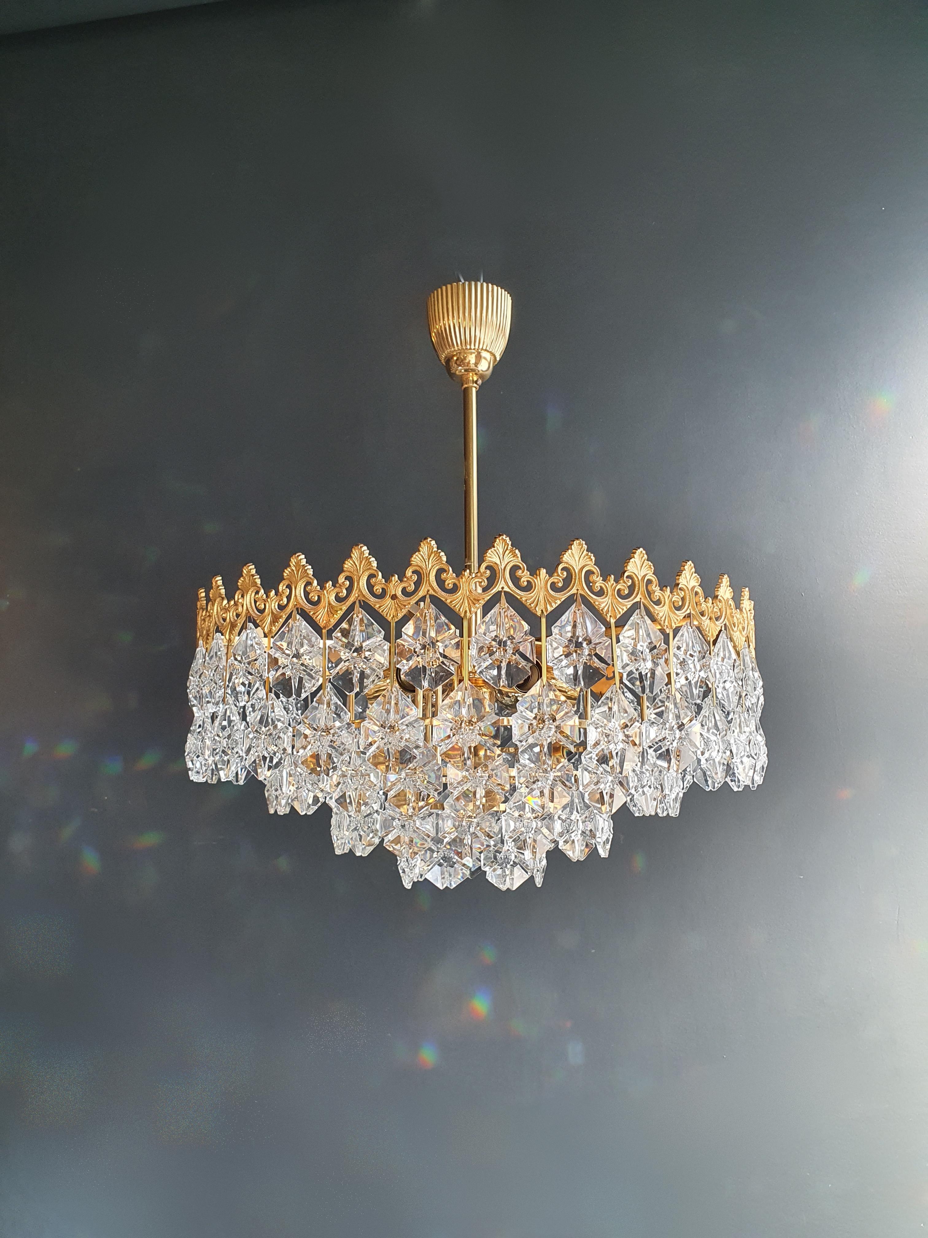 Low Flat Plafonnier Crystal Chandelier Brass Ceiling Antique Gold Vintage 1