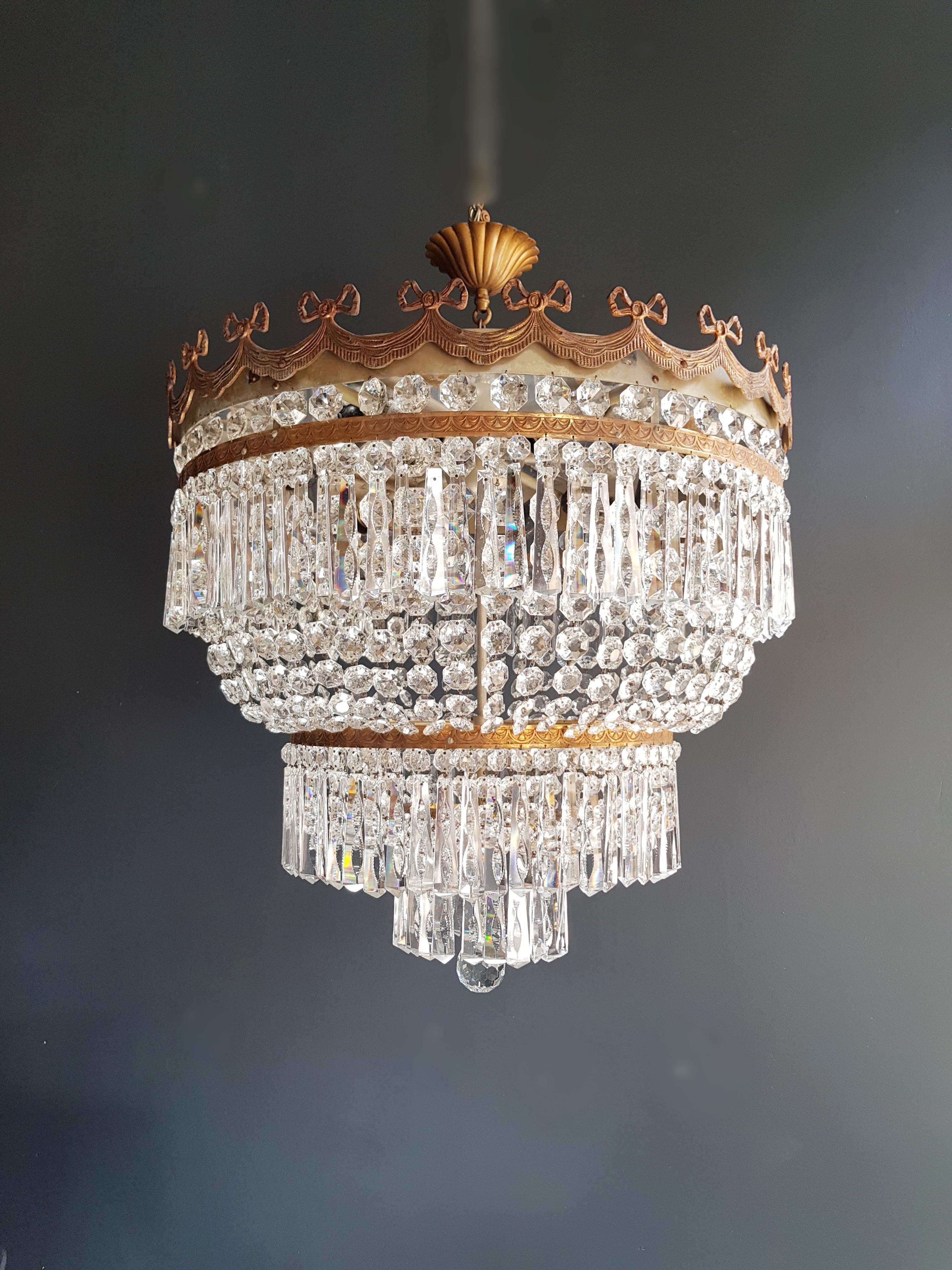 Low Plafonnier Crystal Chandelier Brass Lustre Ceiling Antique Art Nouveau 2