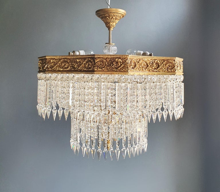 Low Flat Plafonnier Crystal Chandelier Brass Antique Gold For Sale 2