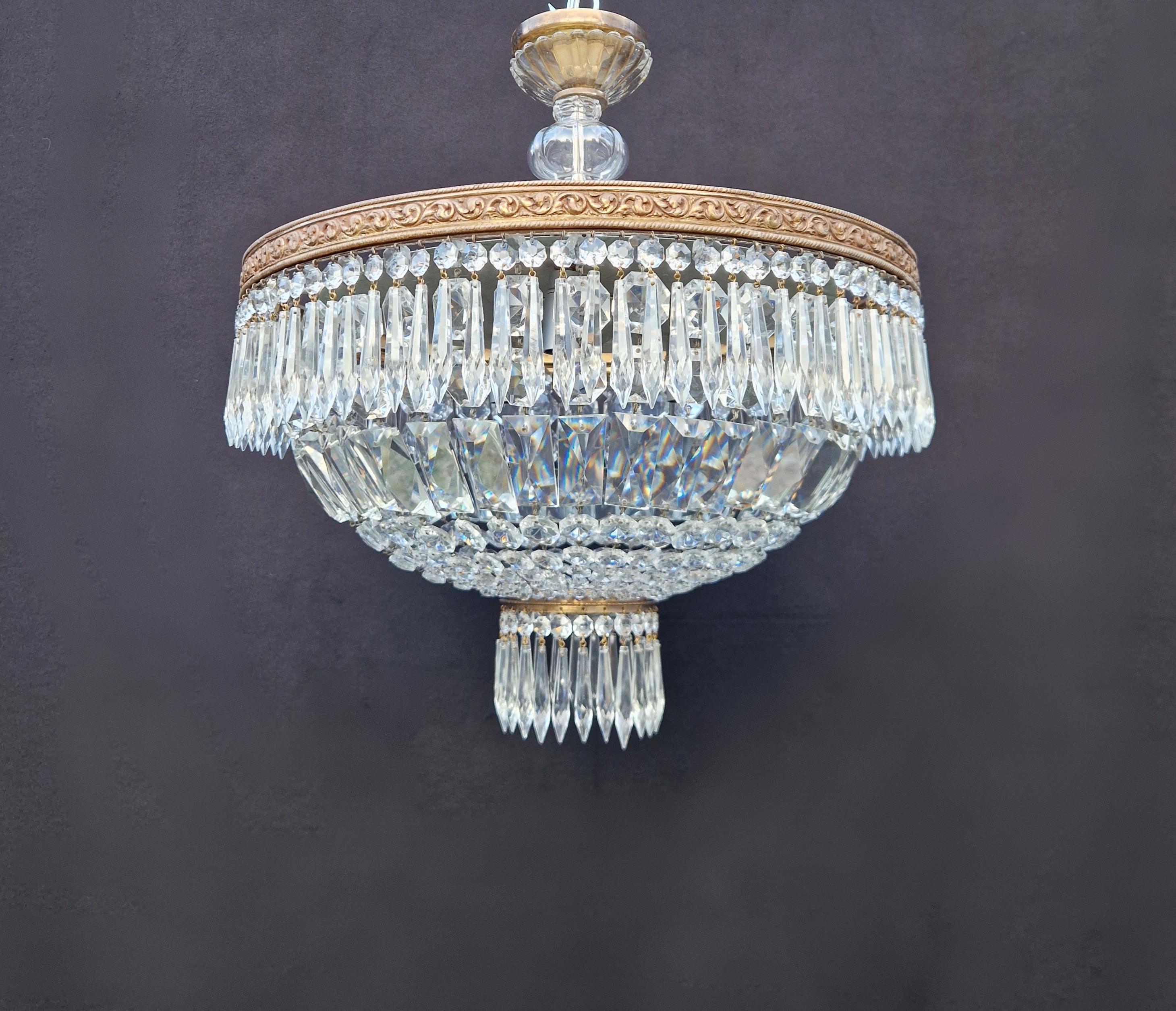 European Low Plafonnier Crystal Chandelier Brass Lustre Ceiling Art Deco Bronze