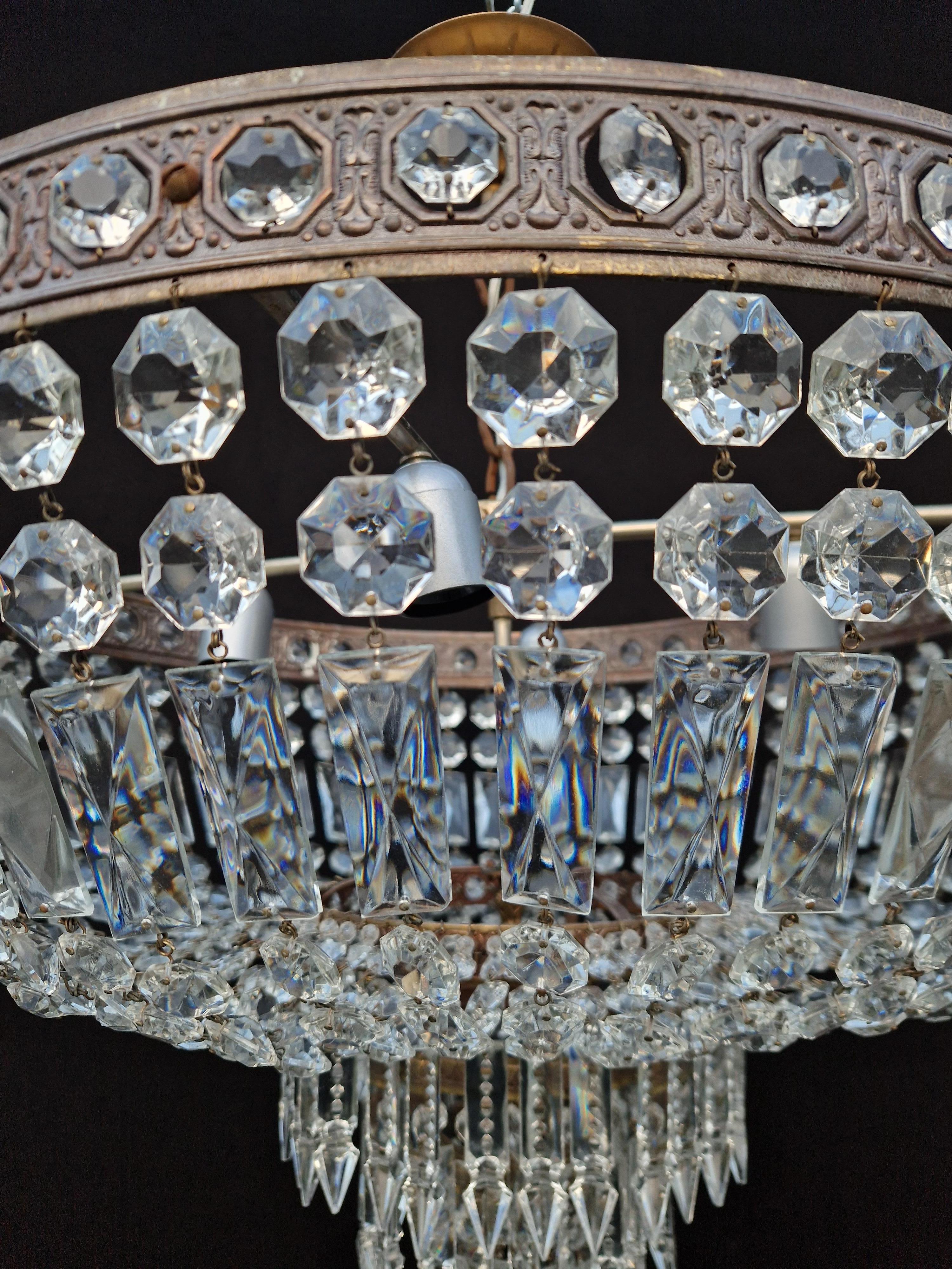 Hand-Knotted Low Plafonnier Crystal Chandelier Brass Lustre Ceiling Art Deco Bronze For Sale