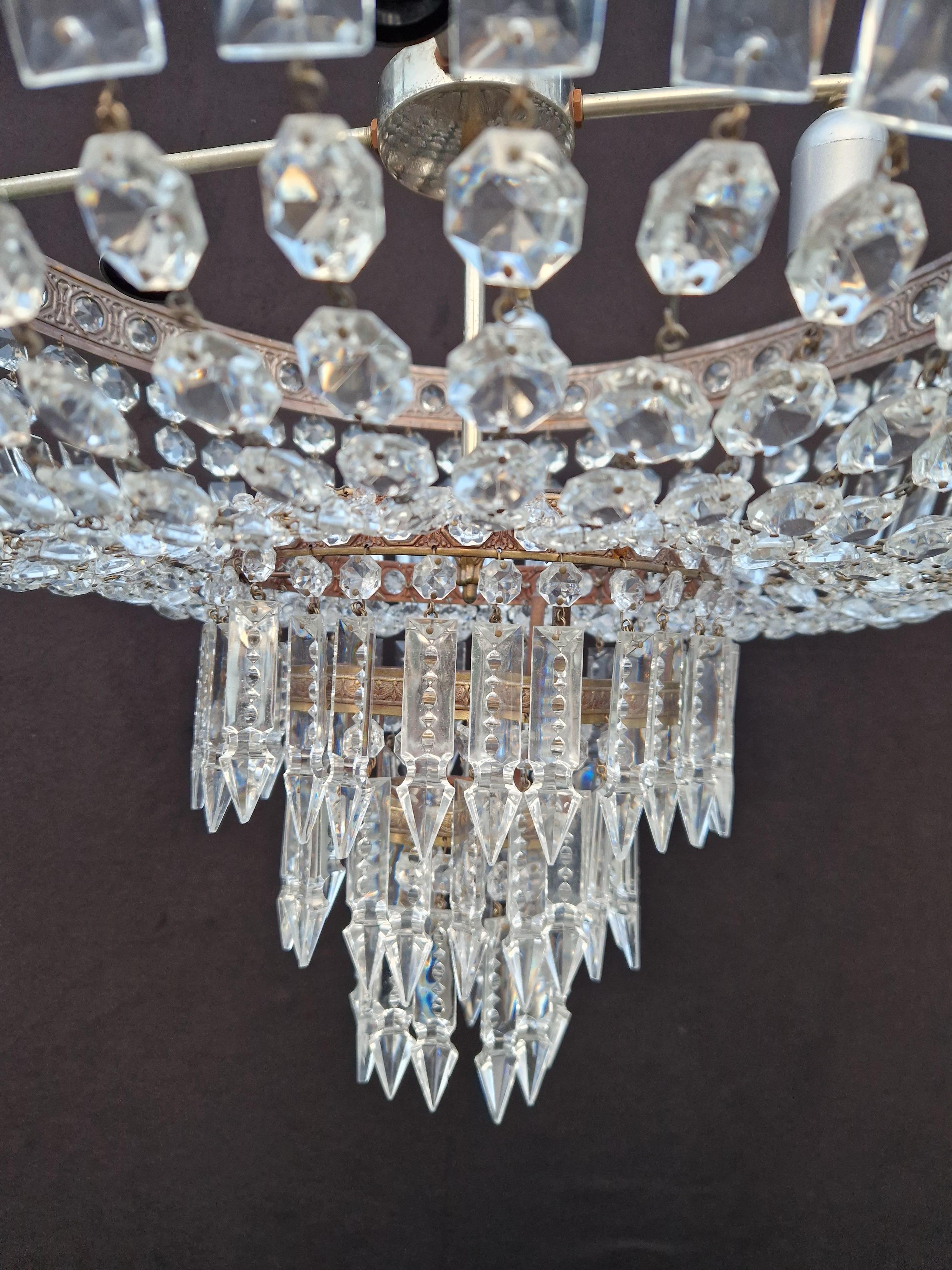 Low Plafonnier Crystal Chandelier Brass Lustre Ceiling Art Deco Bronze In Good Condition For Sale In Berlin, DE