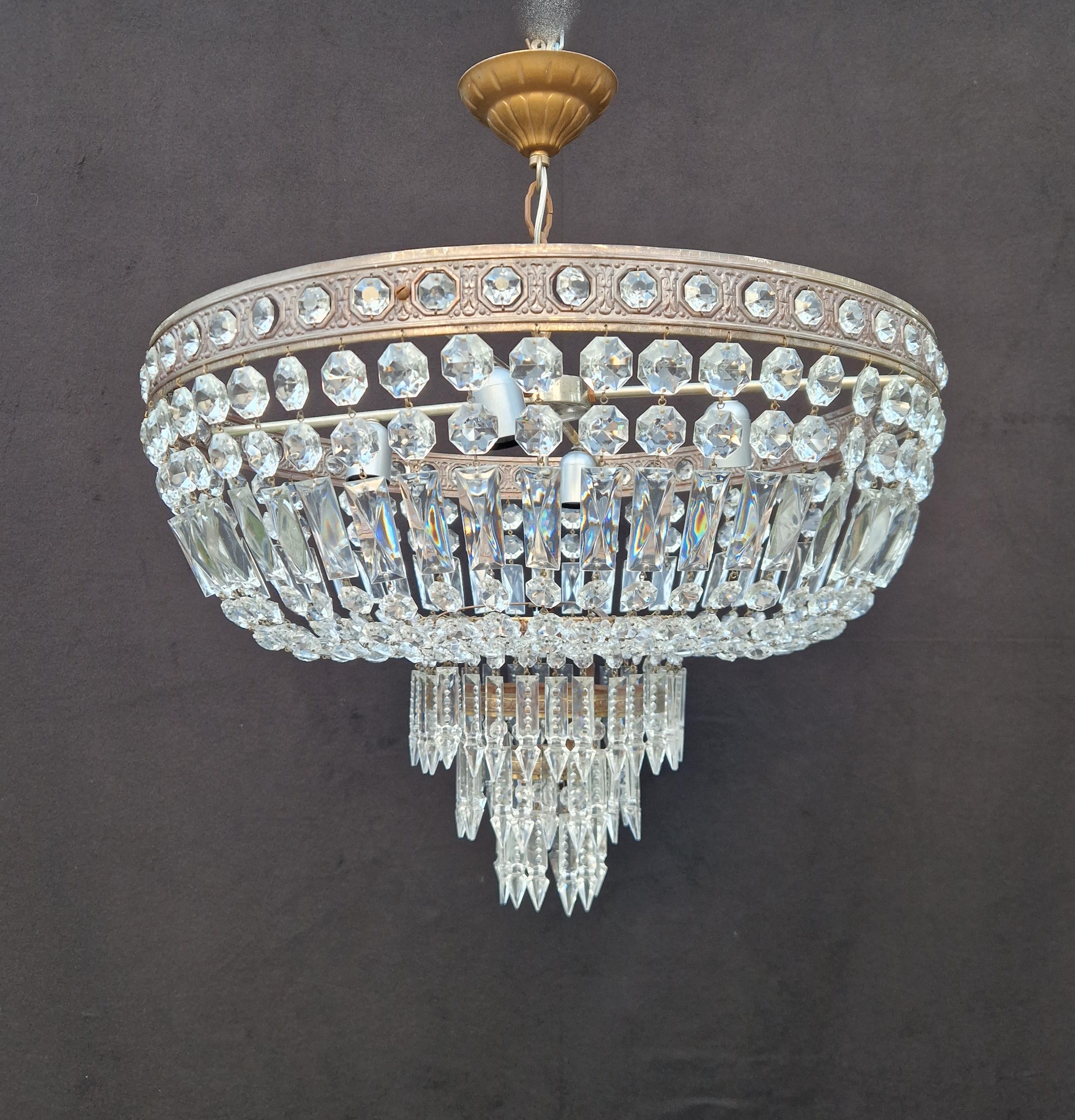 19th Century Low Plafonnier Crystal Chandelier Brass Lustre Ceiling Art Deco Bronze For Sale