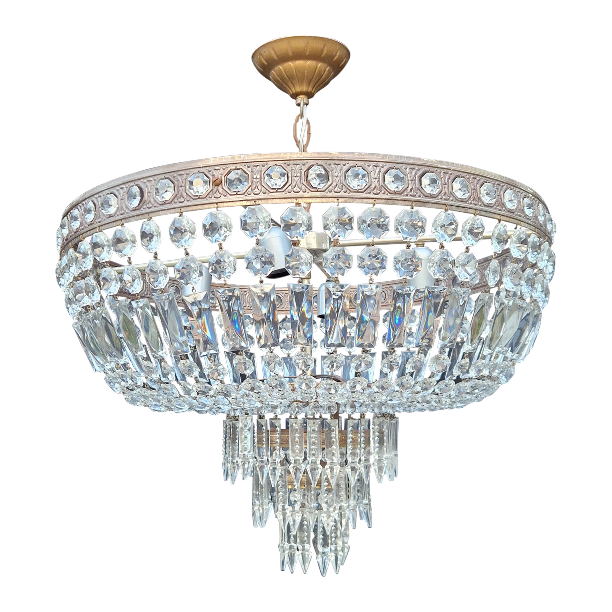 Plafonnier bas en cristal lustre en laiton lustré Art Déco bronze
