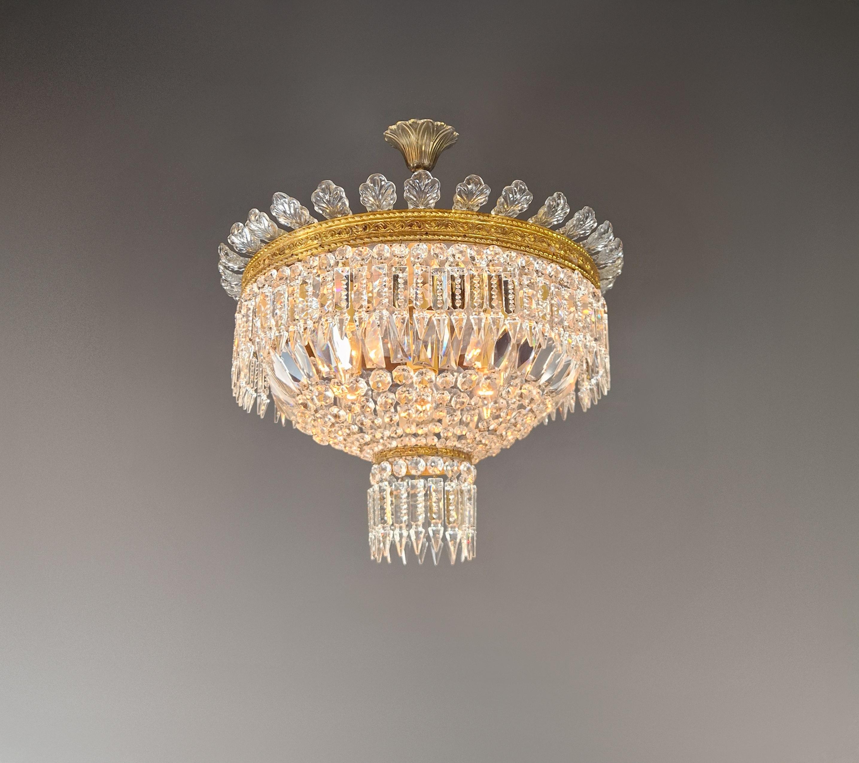 Italian Low Plafonnier Crystal Chandelier Brass Lustre Ceiling Art Deco Gold Antique For Sale