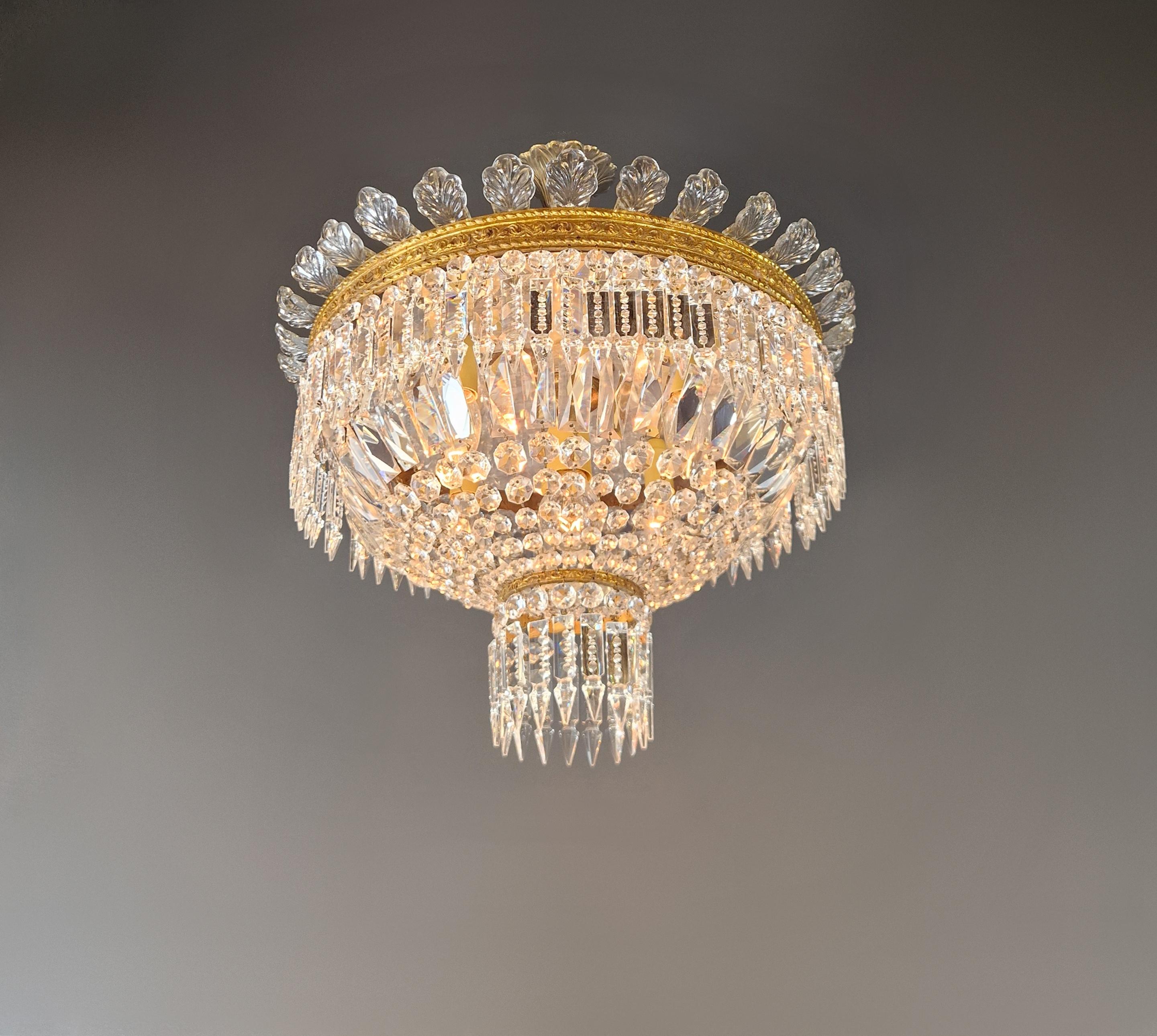 Hand-Knotted Low Plafonnier Crystal Chandelier Brass Lustre Ceiling Art Deco Gold Antique For Sale