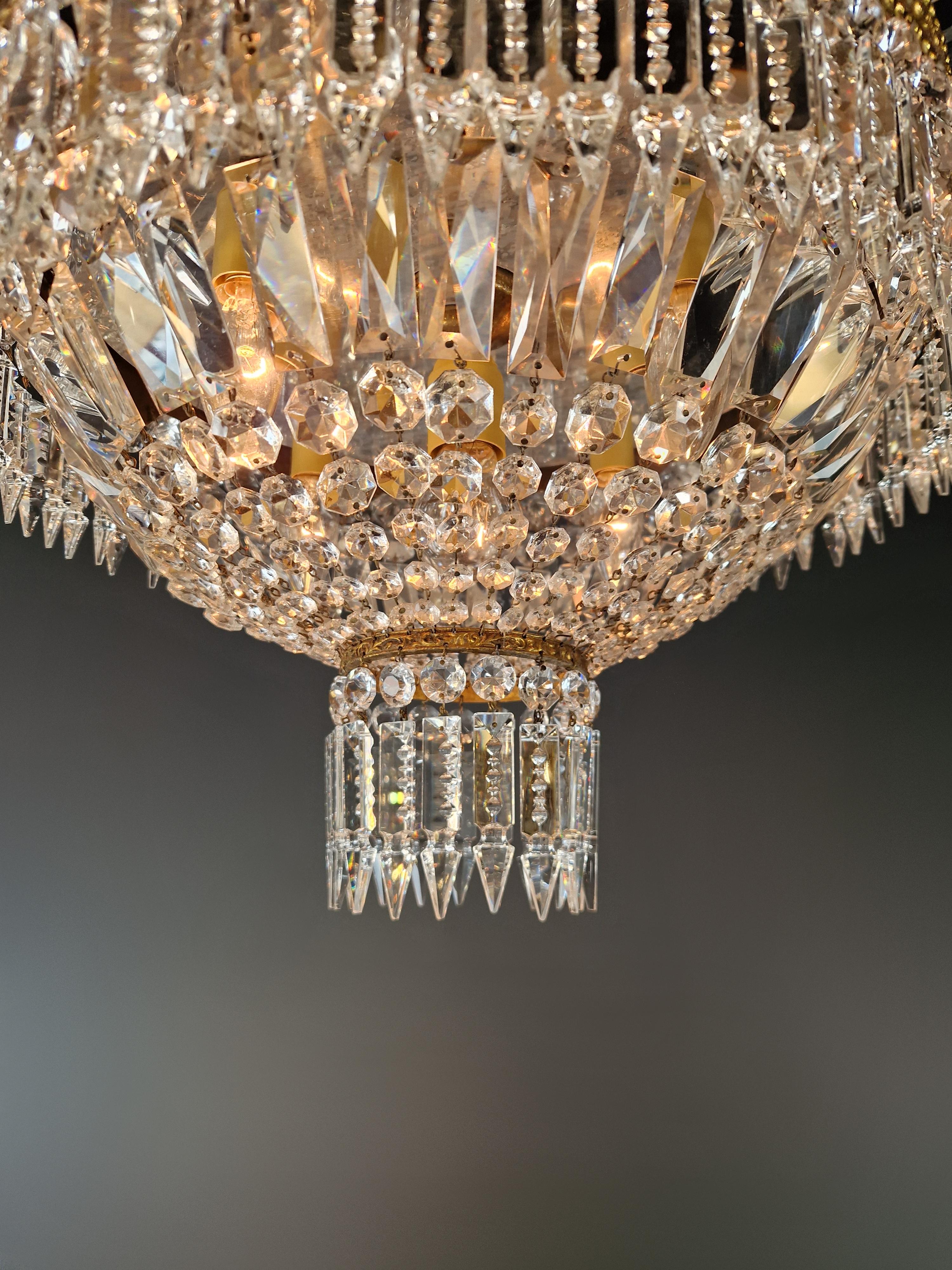 19th Century Low Plafonnier Crystal Chandelier Brass Lustre Ceiling Art Deco Gold Antique For Sale
