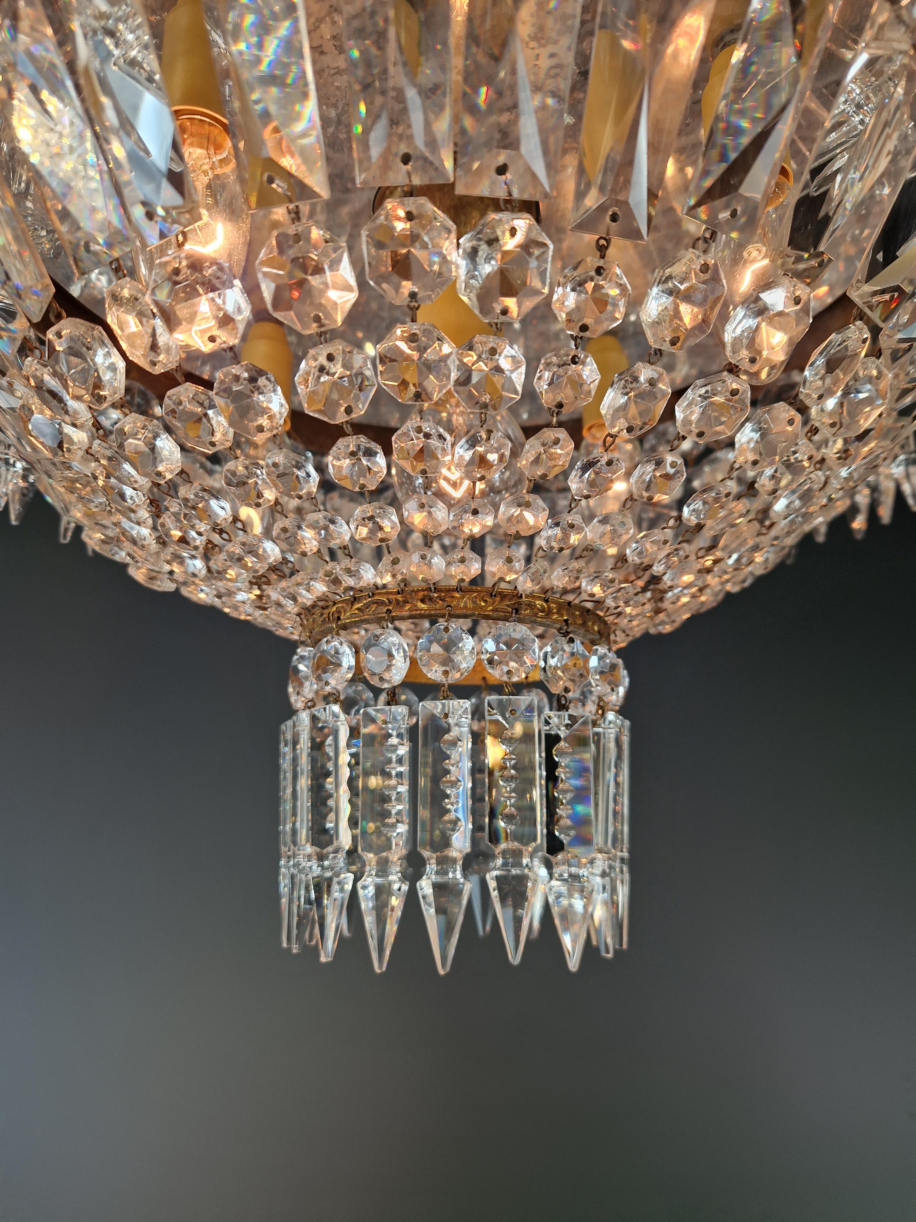 Low Plafonnier Crystal Chandelier Brass Lustre Ceiling Art Deco Gold Antique For Sale 1