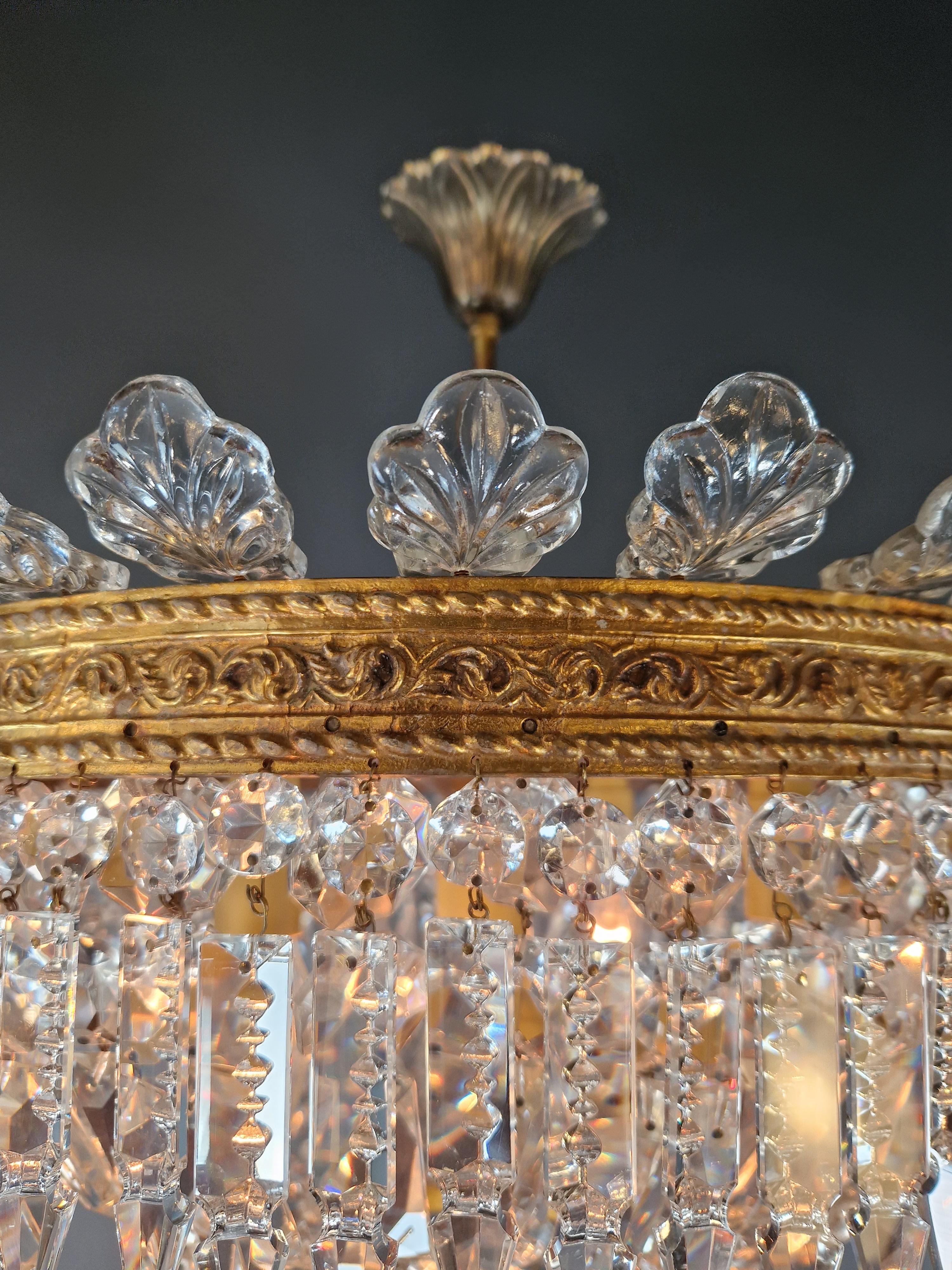 Low Plafonnier Crystal Chandelier Brass Lustre Ceiling Art Deco Gold Antique For Sale 2