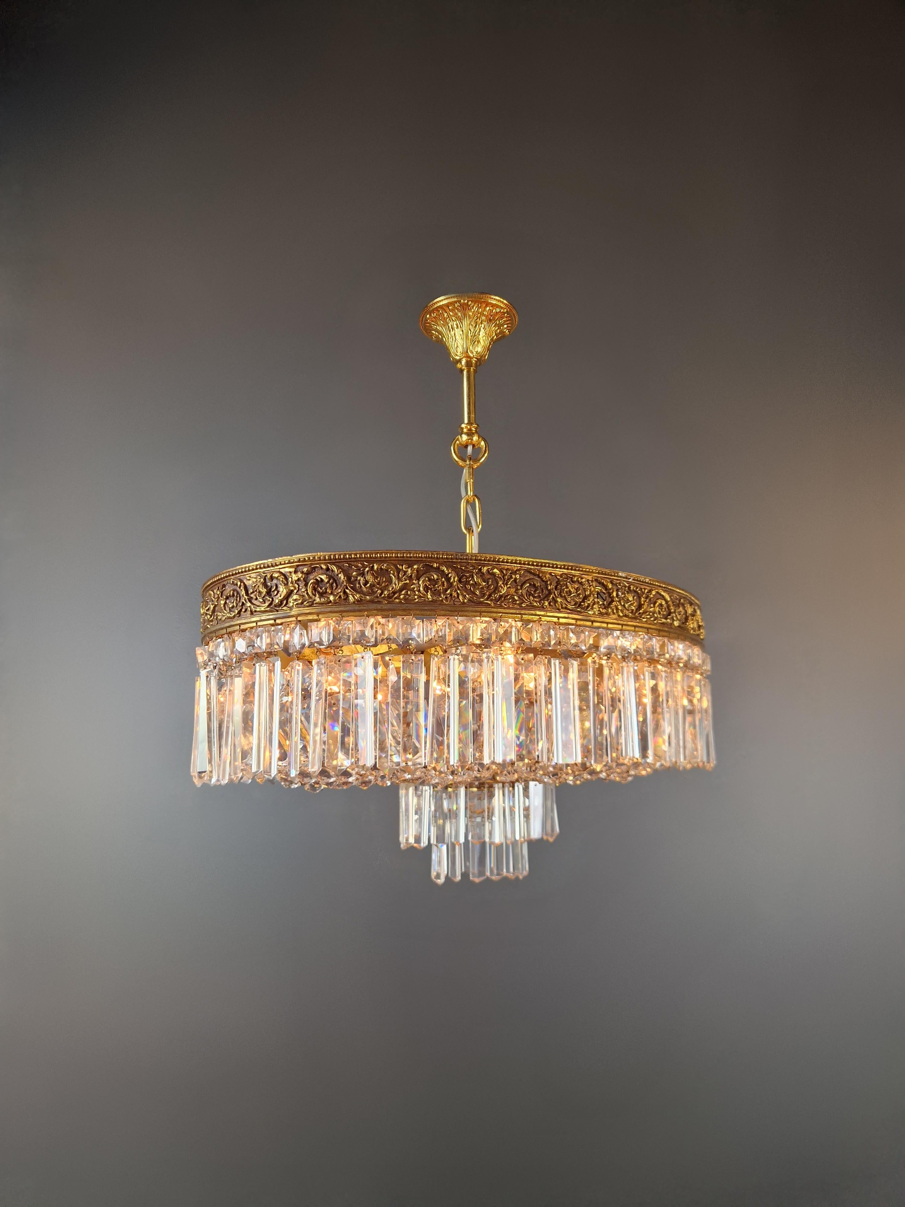 Low Plafonnier Crystal Chandelier Brass Lustre Ceiling Art Deco Gold For Sale 3