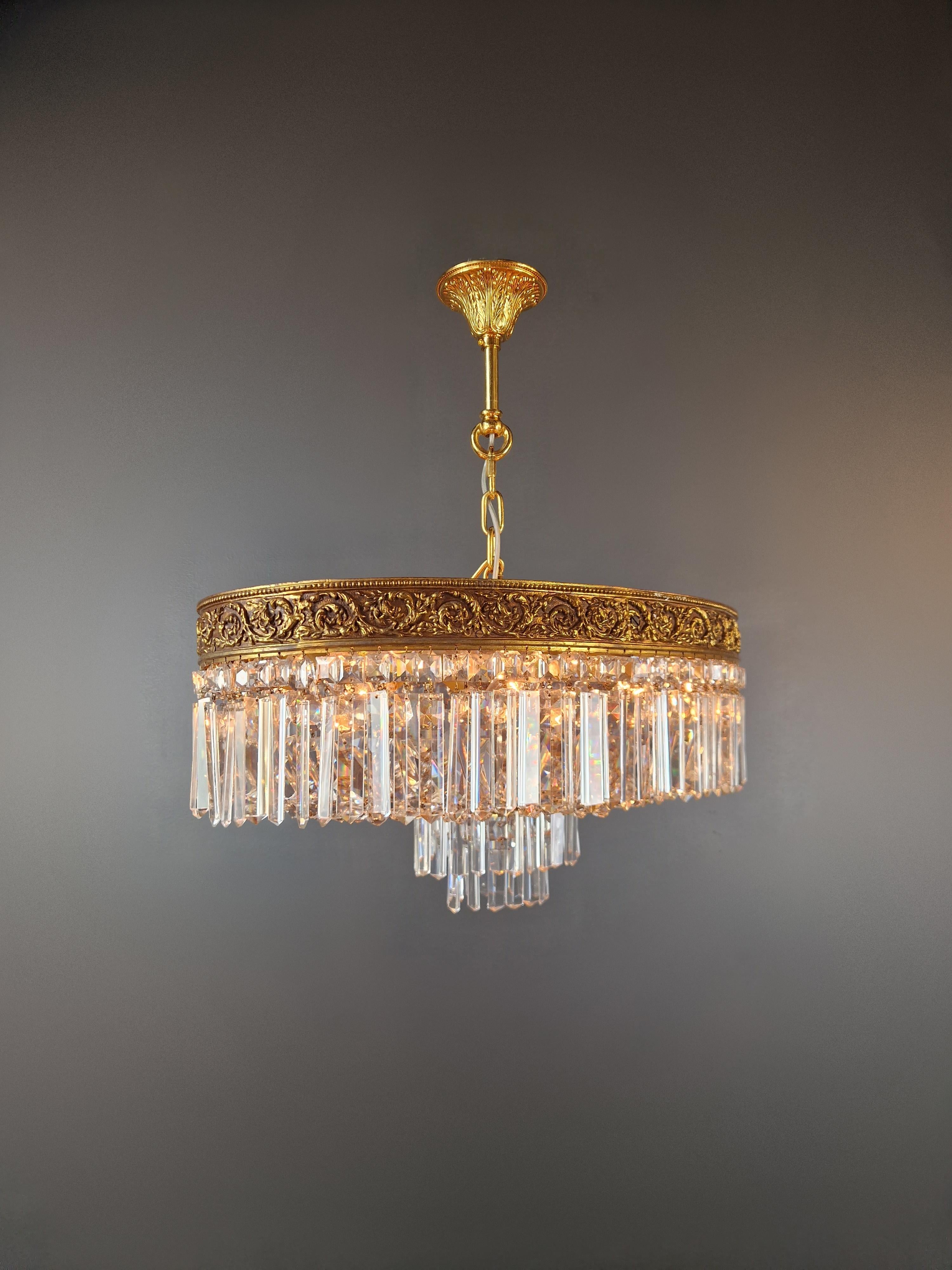 Low Plafonnier Crystal Chandelier Brass Lustre Ceiling Art Deco Gold For Sale 4