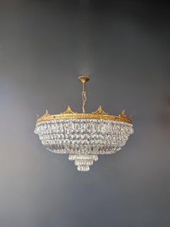 Low Plafonnier Crystal Chandelier Brass Lustre Ceiling Art Deco Gold