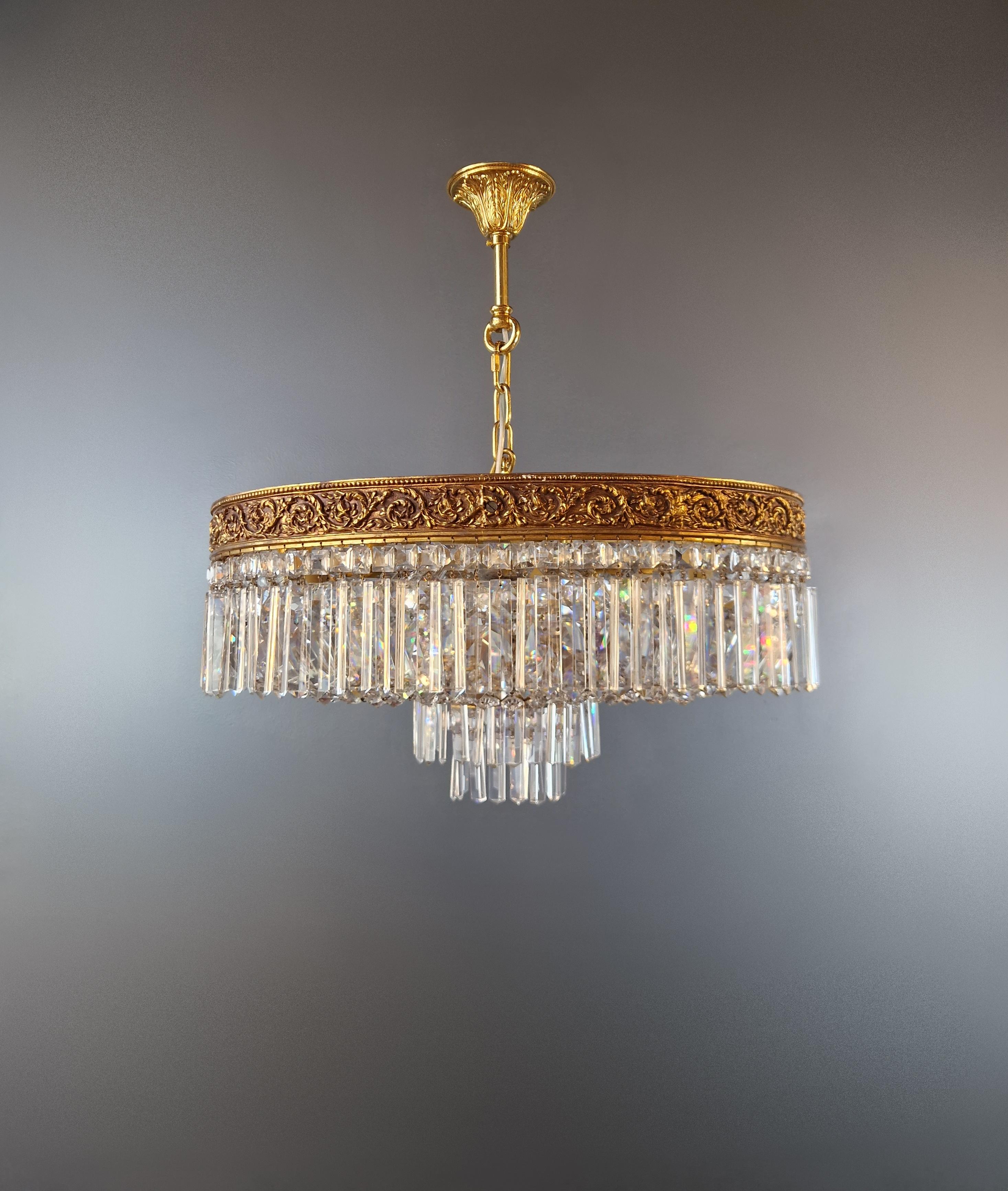 Aesthetic Movement Low Plafonnier Crystal Chandelier Brass Lustre Ceiling Art Deco Gold For Sale
