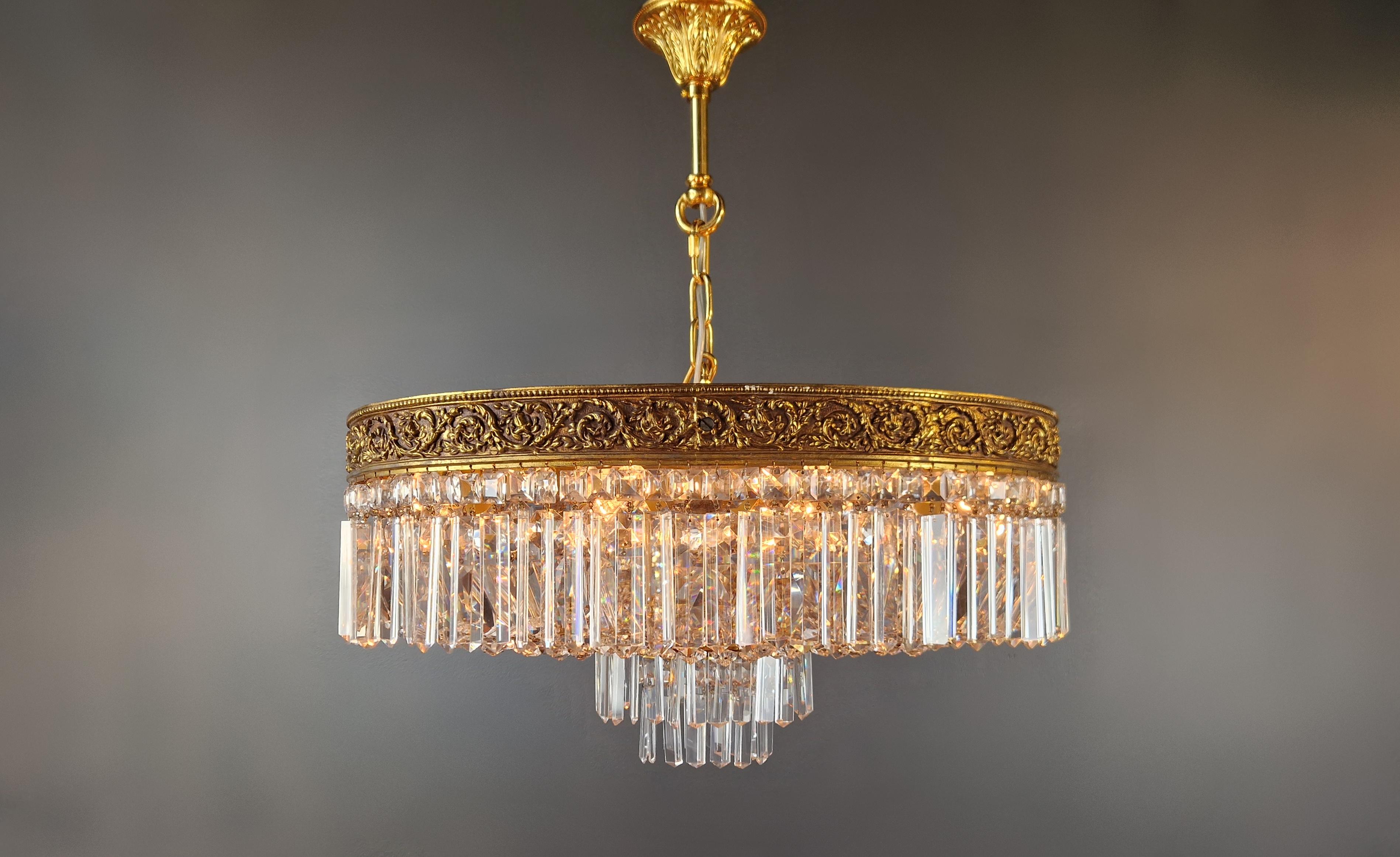 Hand-Knotted Low Plafonnier Crystal Chandelier Brass Lustre Ceiling Art Deco Gold For Sale