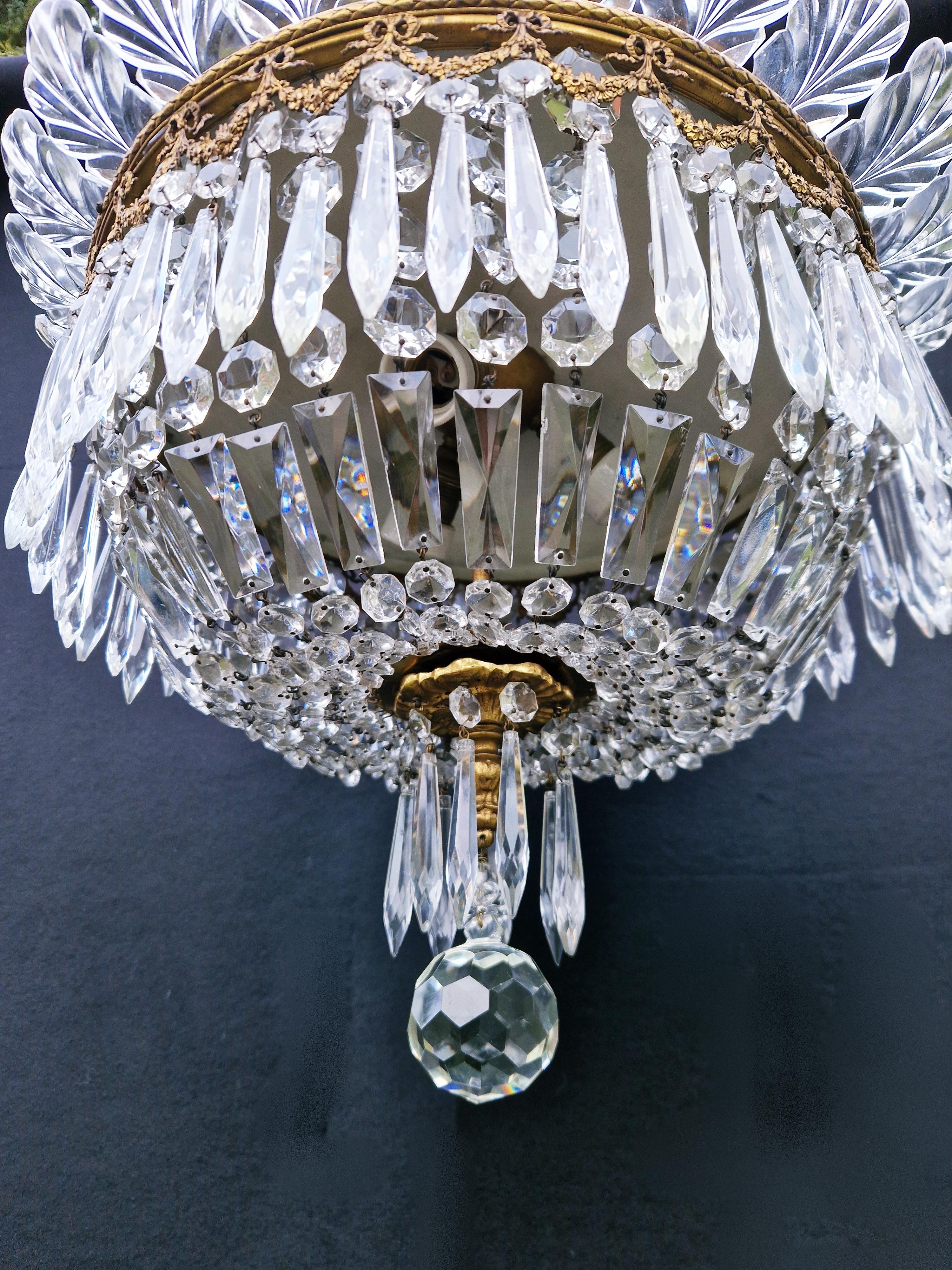 European Low Plafonnier Crystal Chandelier Brass Lustre Ceiling Art Deco Gold For Sale