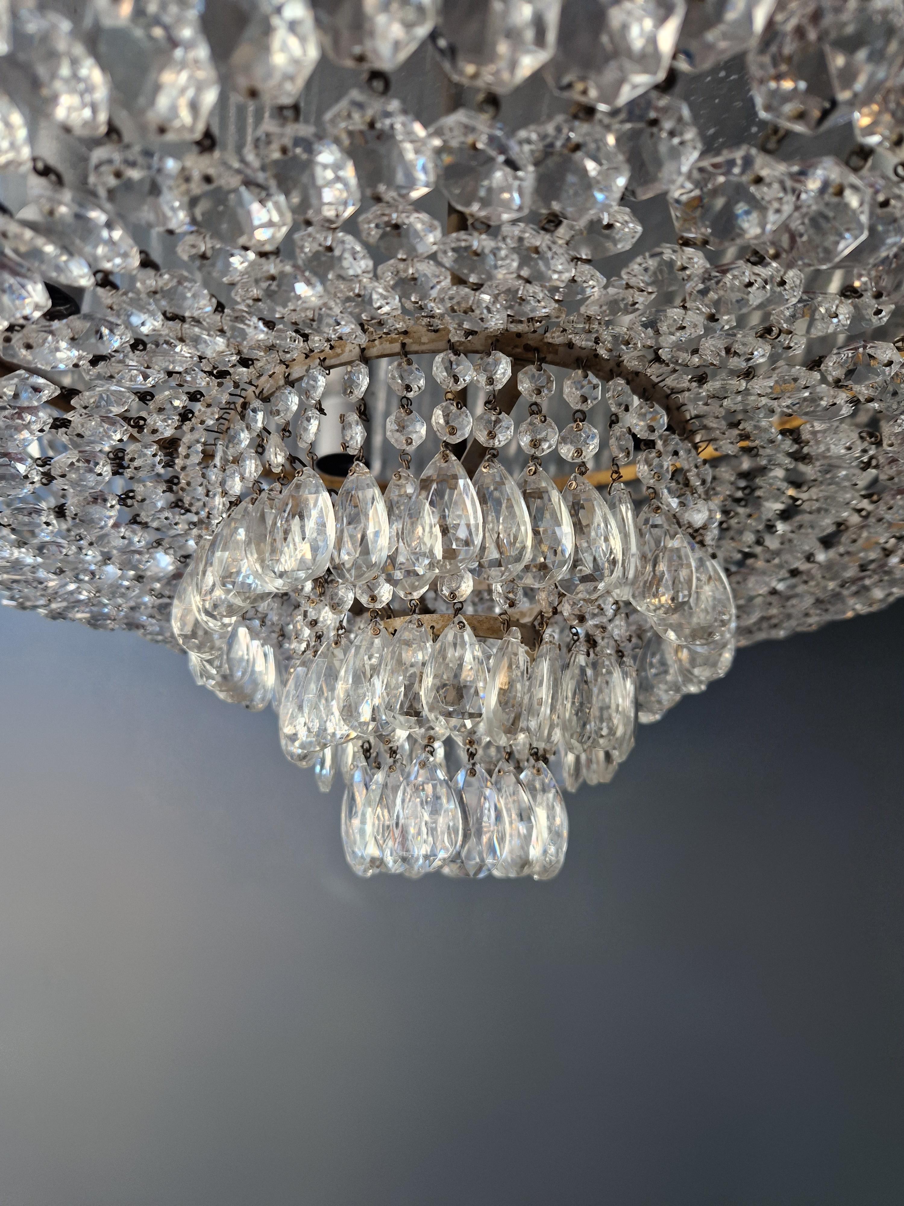 Italian Low Plafonnier Crystal Chandelier Brass Lustre Ceiling Art Deco Gold