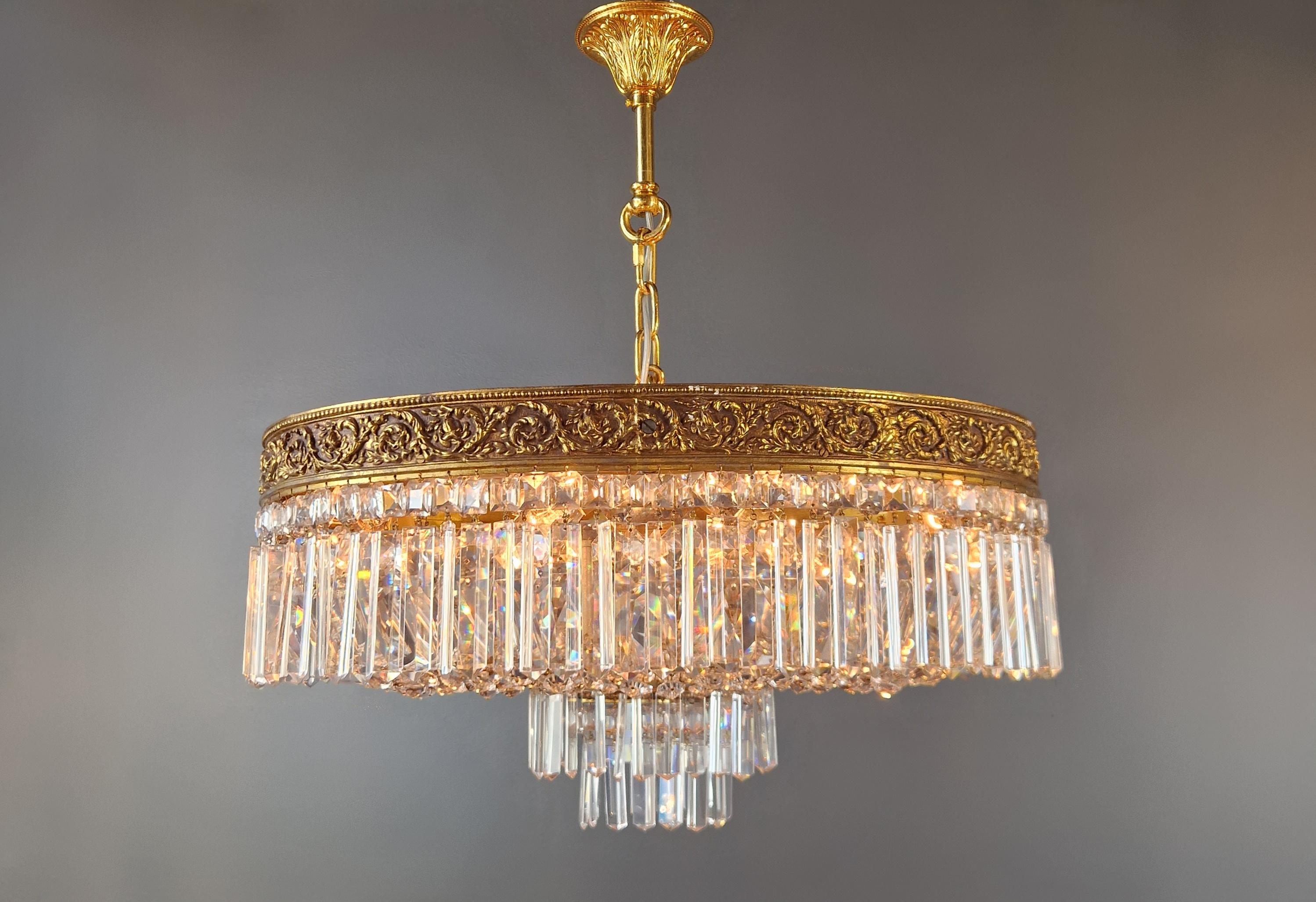 Mid-20th Century Low Plafonnier Crystal Chandelier Brass Lustre Ceiling Art Deco Gold For Sale
