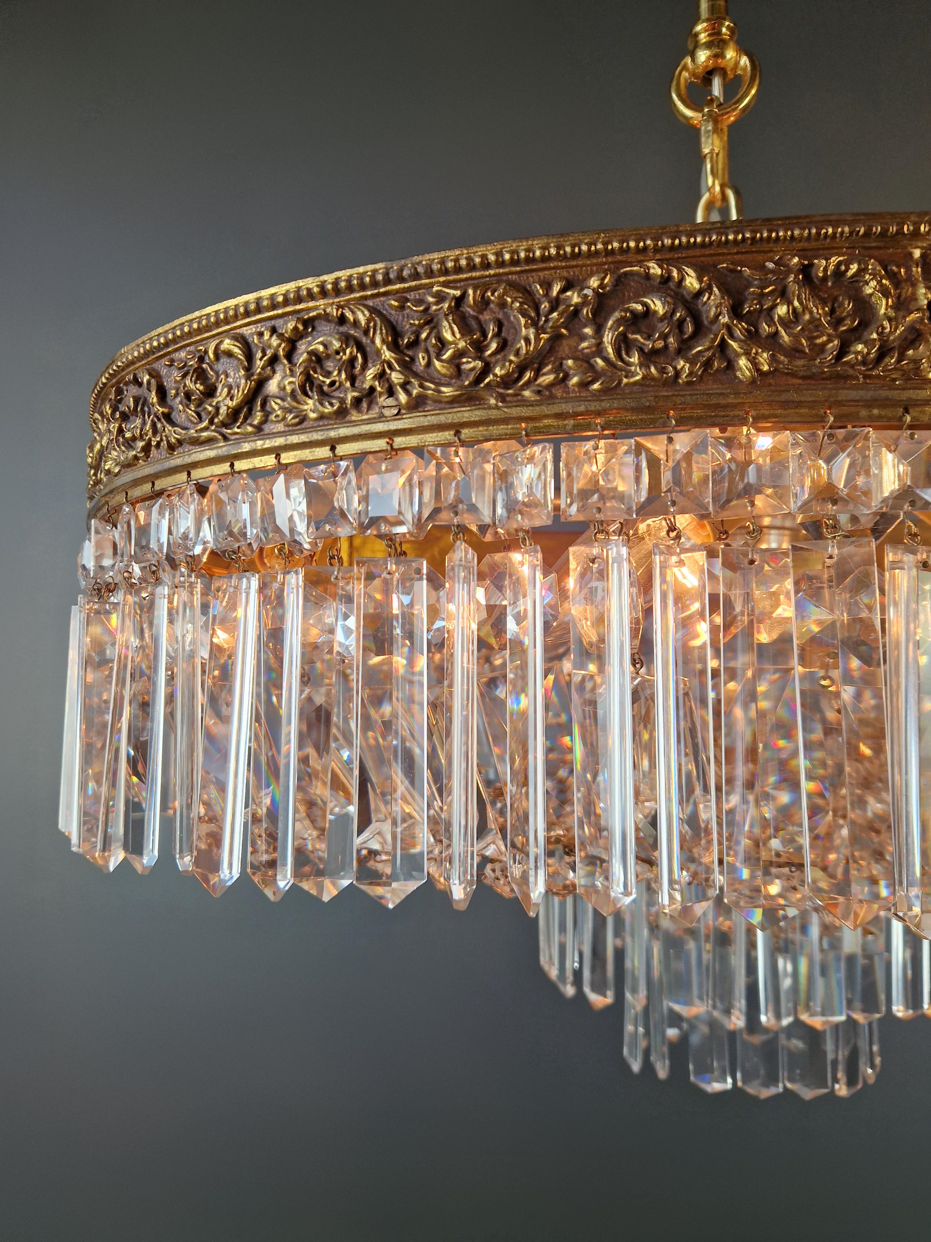 Low Plafonnier Crystal Chandelier Brass Lustre Ceiling Art Deco Gold For Sale 2