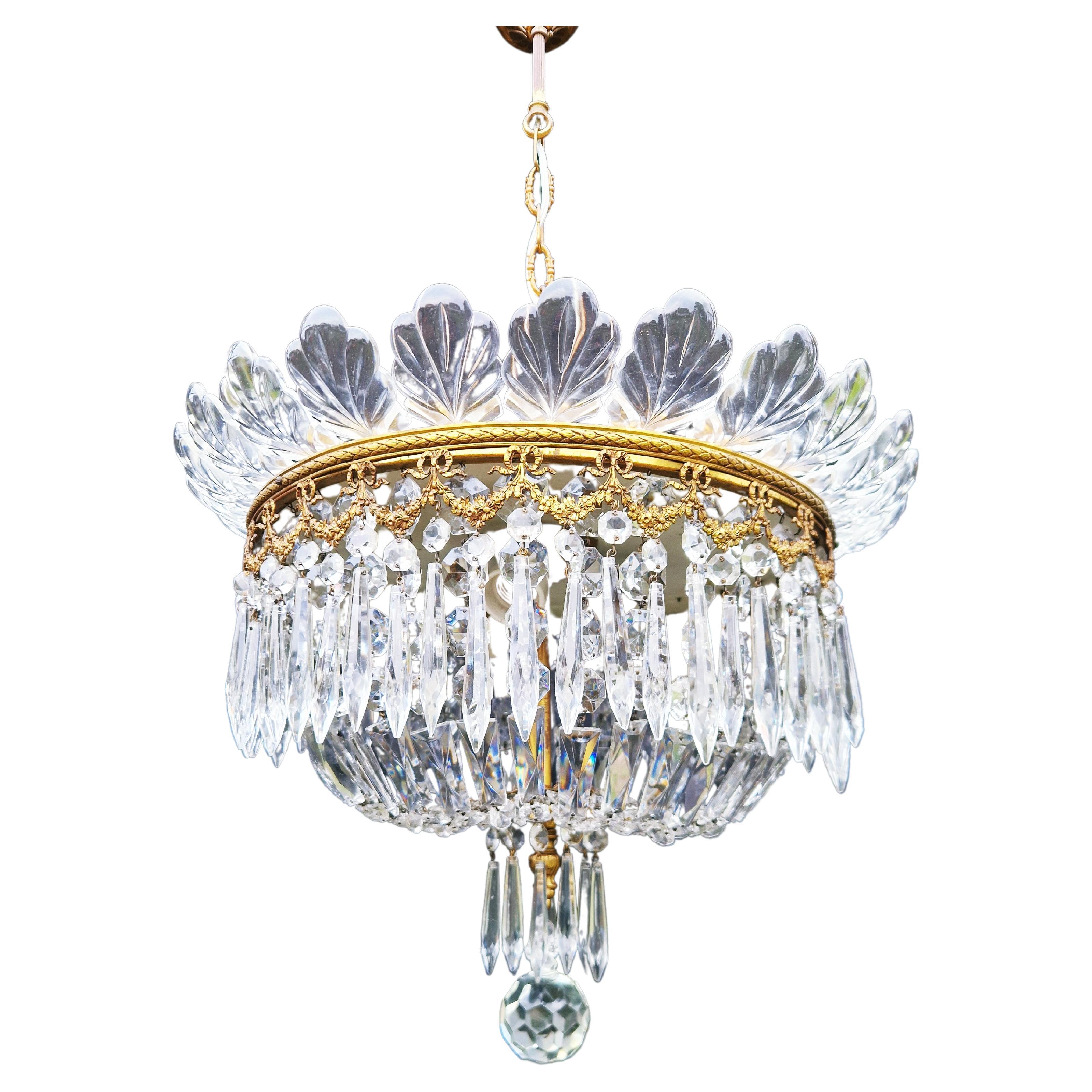Low Plafonnier Crystal Chandelier Brass Lustre Ceiling Art Deco Gold For Sale