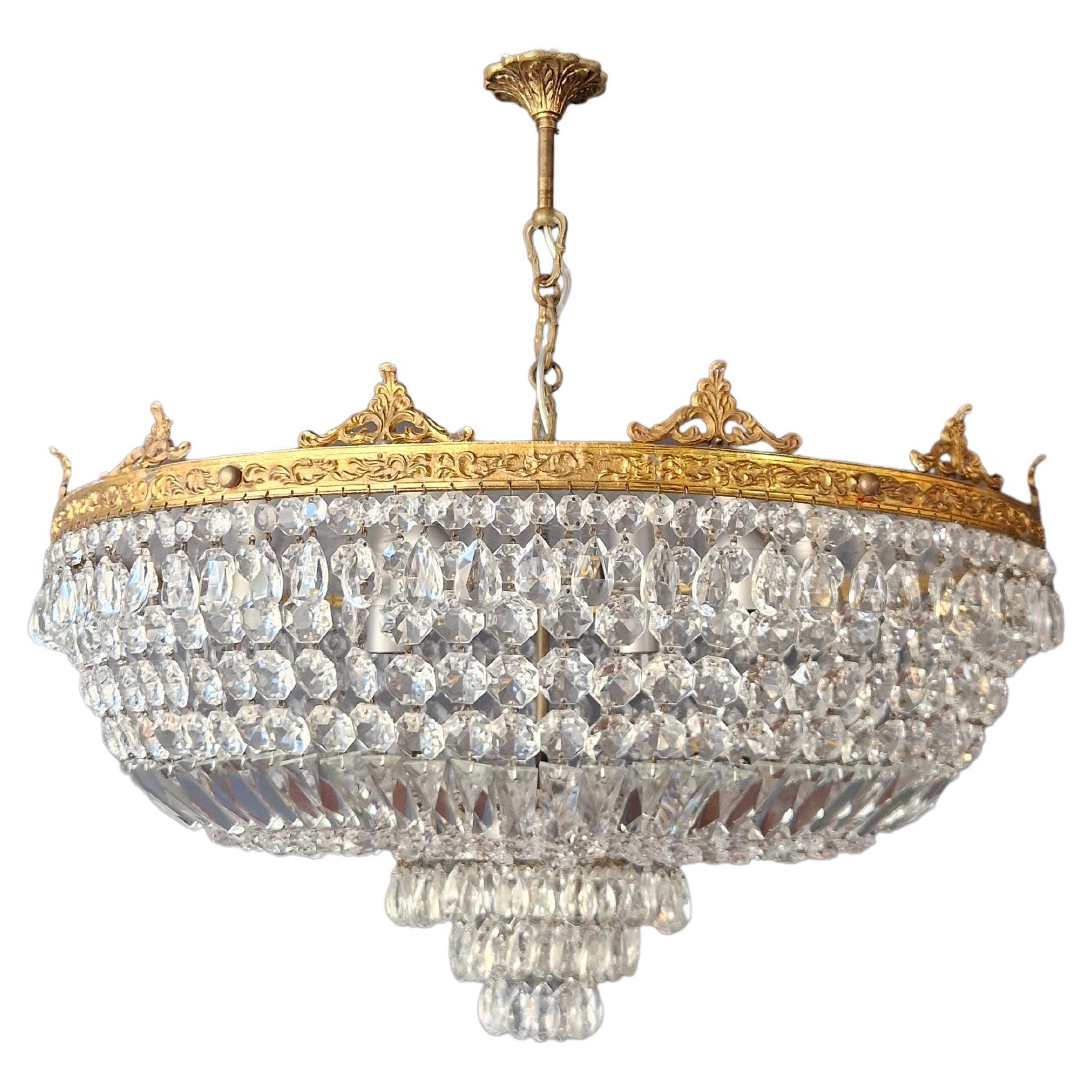Low Plafonnier Crystal Chandelier Brass Lustre Ceiling Art Deco Gold For  Sale at 1stDibs