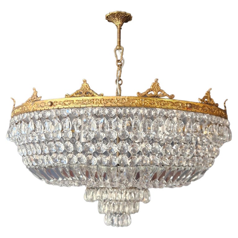 Low Plafonnier Crystal Chandelier Brass Lustre Ceiling Art Deco Gold For Sale at 1stDibs